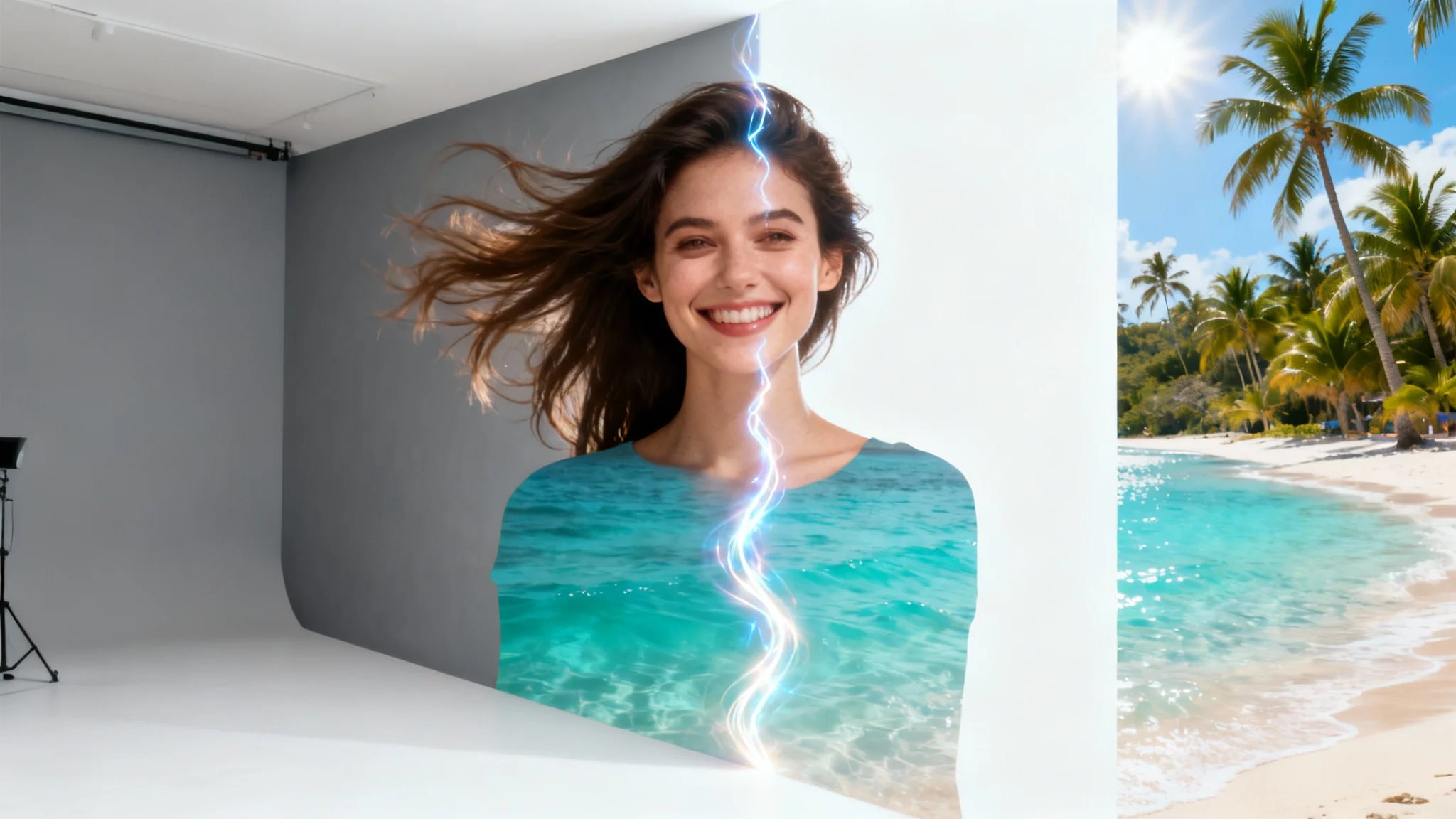 A woman smiles as the plain grey background behind her is magically transformed into a vibrant tropical beach, demonstrating a background changer effect.