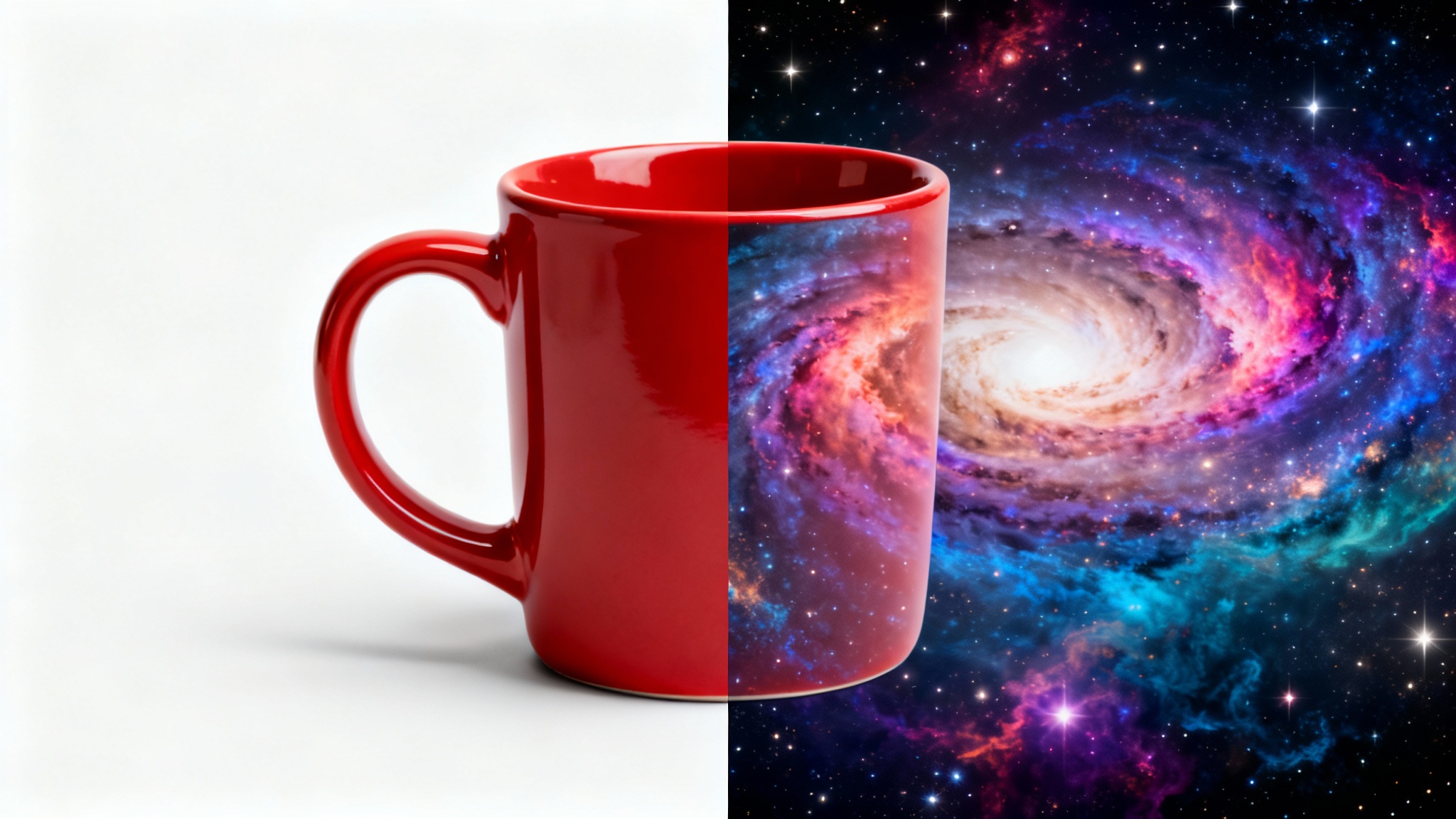 A red mug is split in half, demonstrating a background changer. The left side has a plain dark background, while the right side has a vibrant galaxy background.