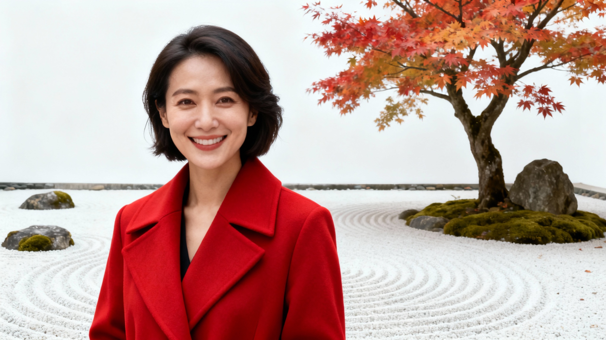 A demonstration of a background changer, showing a woman in a red coat perfectly composited into a tranquil Japanese zen garden, presented on a white background.