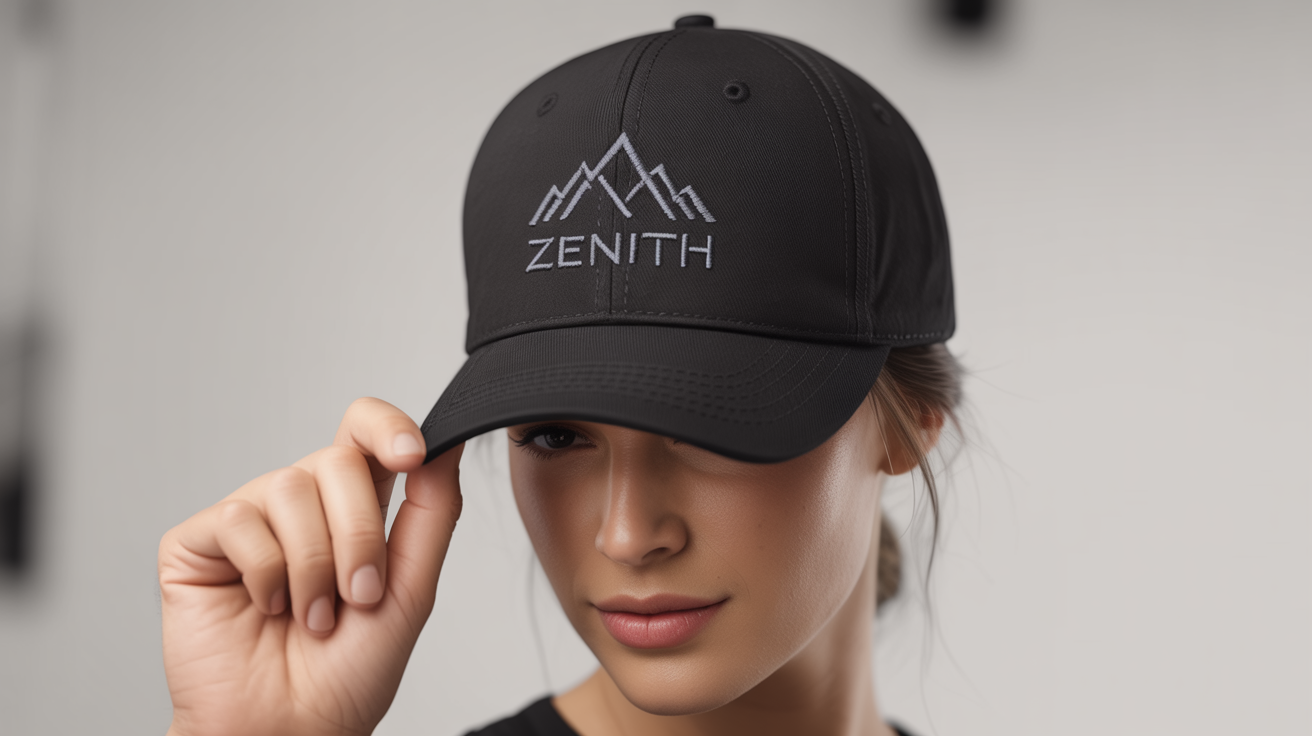 A professional product mockup of a person wearing a black baseball cap with a custom embroidered logo featuring a mountain and the word 'ZENITH'.