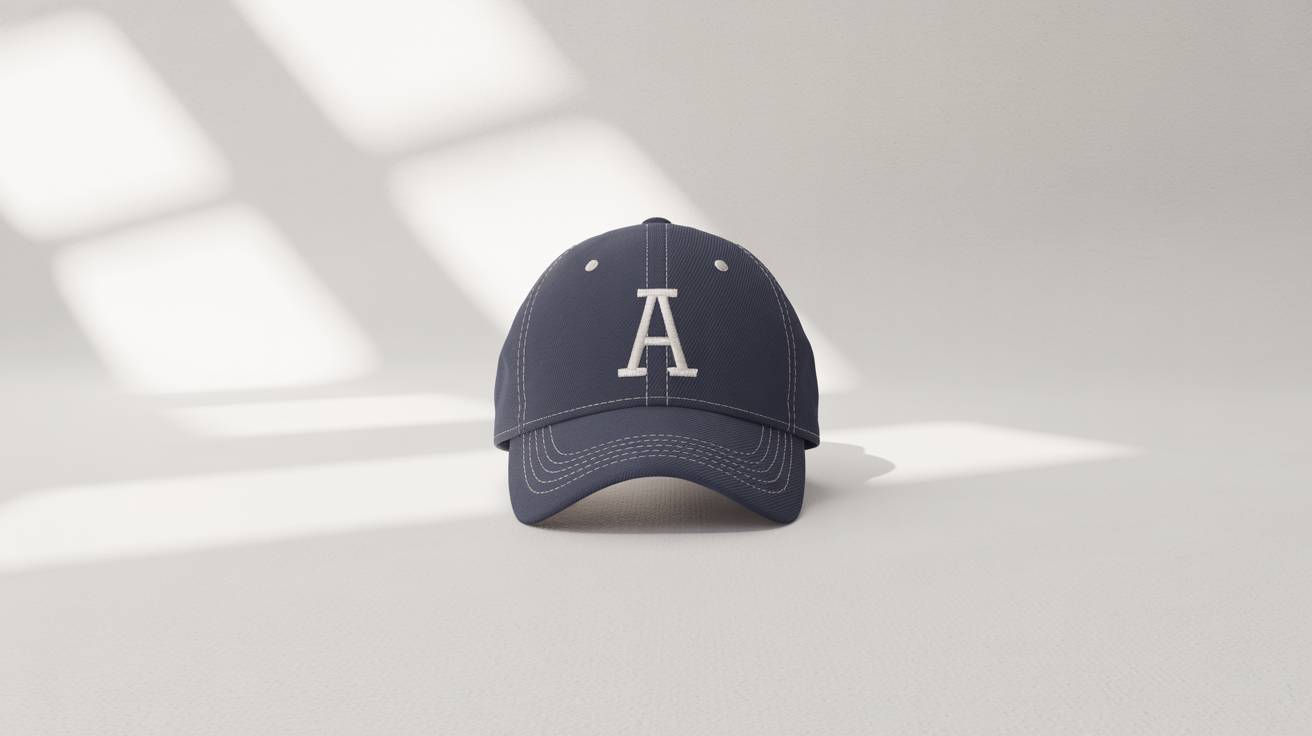 A product mockup of a charcoal gray baseball cap with a minimalist white 'A' logo embroidered on the front, shot against a clean white background.