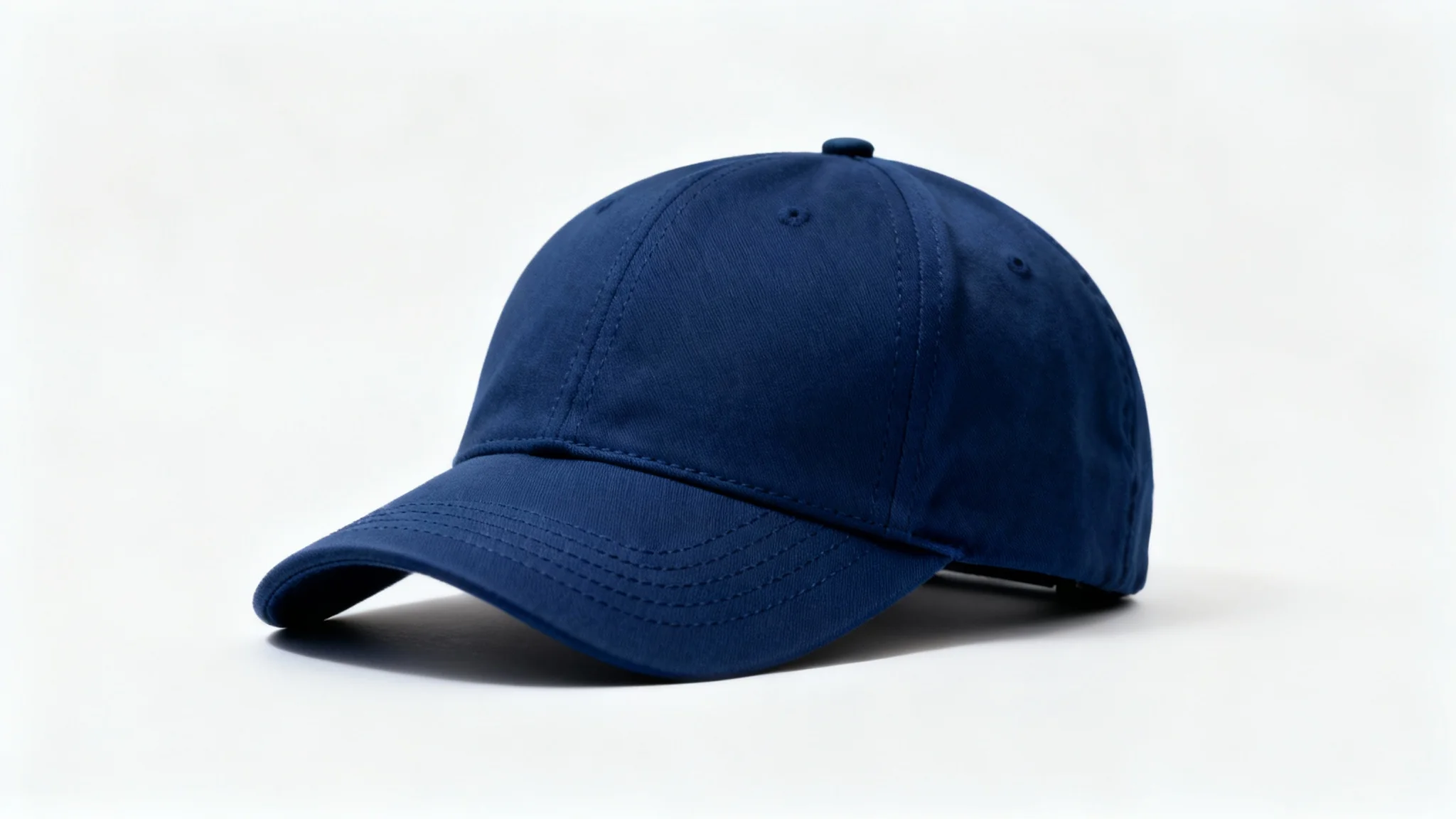 A photorealistic mockup of a navy blue baseball cap shot in a professional studio setting against a plain white background.