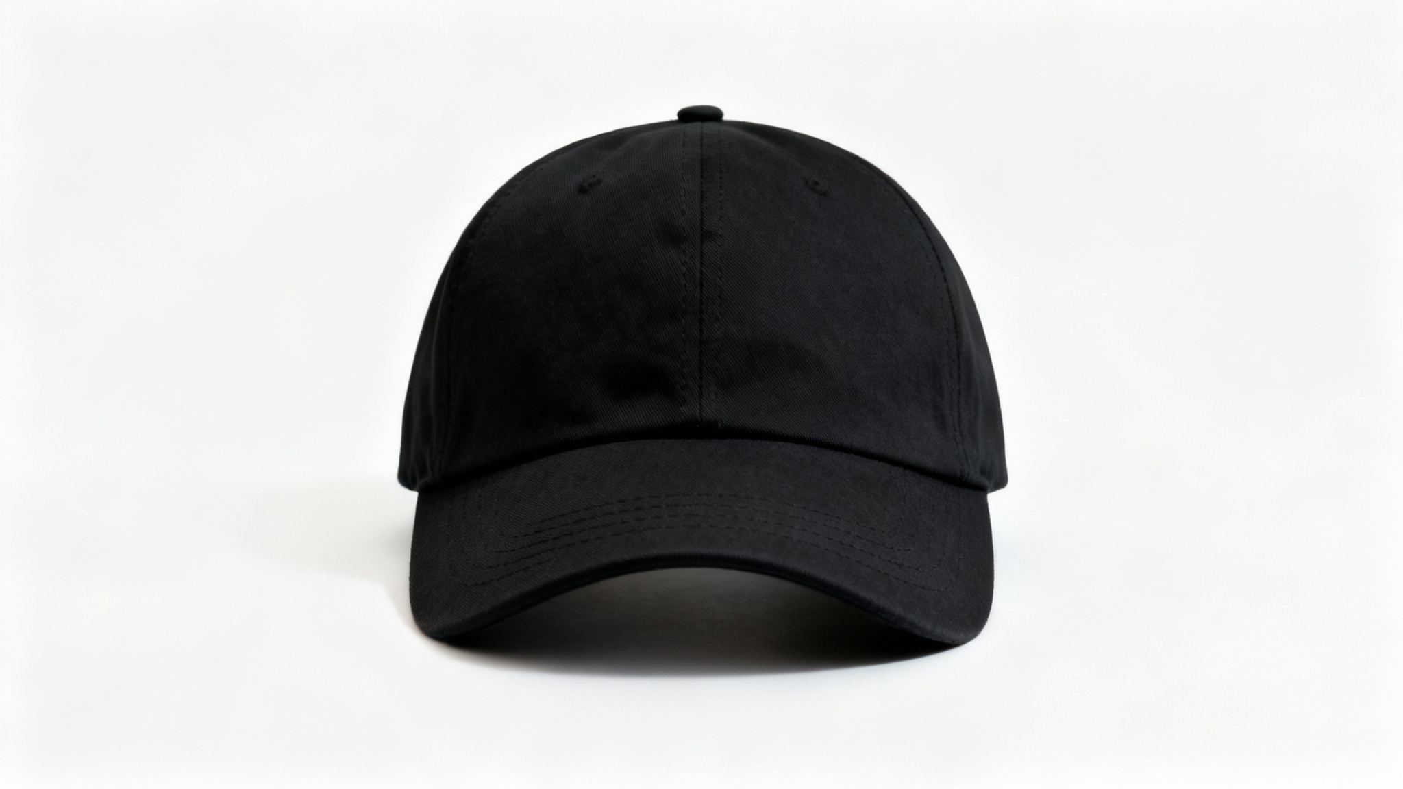 A photorealistic mockup of a blank black dad hat viewed from the front, set against a clean white background.