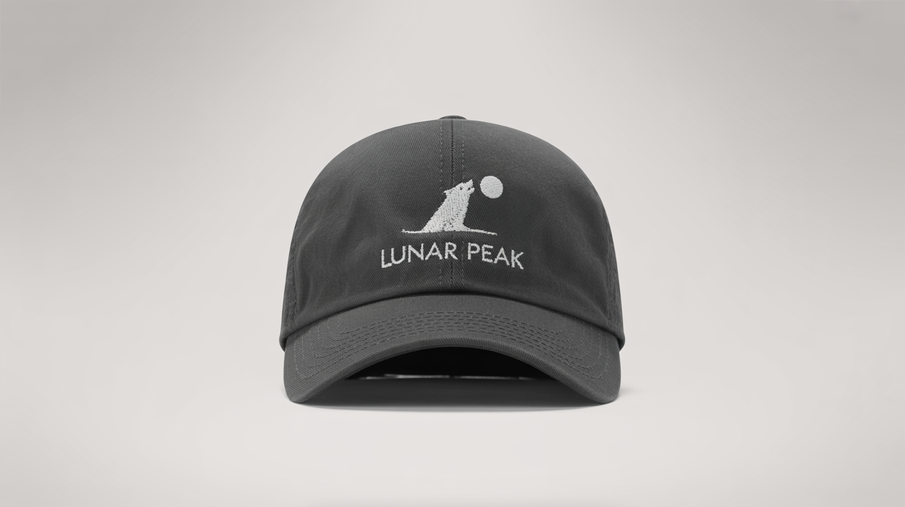A professional product mockup of a charcoal grey baseball cap featuring a white embroidered logo of a howling wolf and the text 'LUNAR PEAK', set against a plain white background.