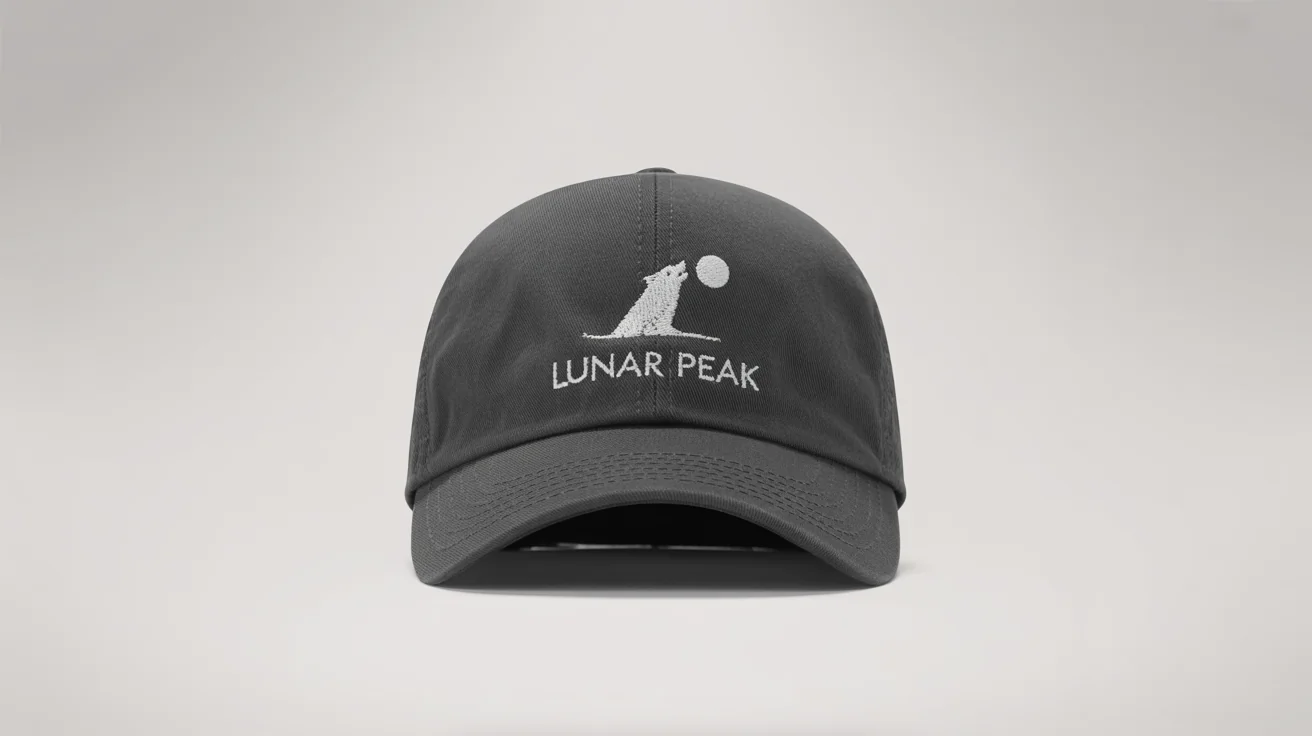 A professional product mockup of a charcoal grey baseball cap featuring a white embroidered logo of a howling wolf and the text 'LUNAR PEAK', set against a plain white background.
