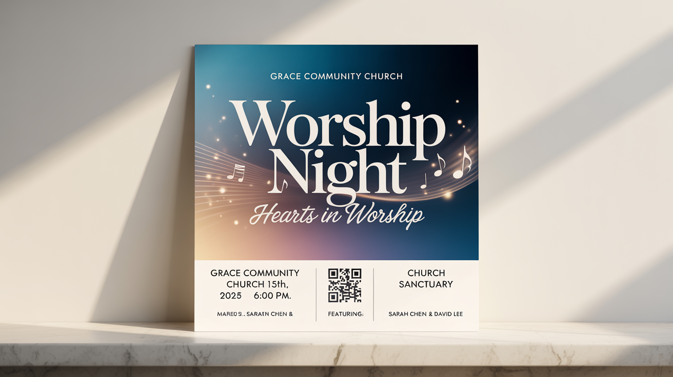 A professionally designed flyer for a 'Worship Night' event. The flyer uses a blue and gold color scheme with elegant typography and includes details like the date, time, and location.