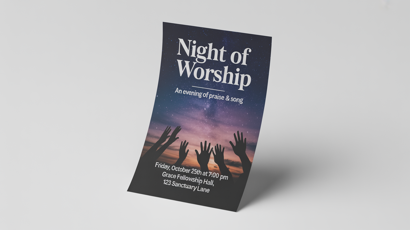 A mockup of a modern worship night flyer for an event titled 'Night of Worship', featuring silhouetted hands raised against a twilight sky. The flyer is displayed on a plain white background.