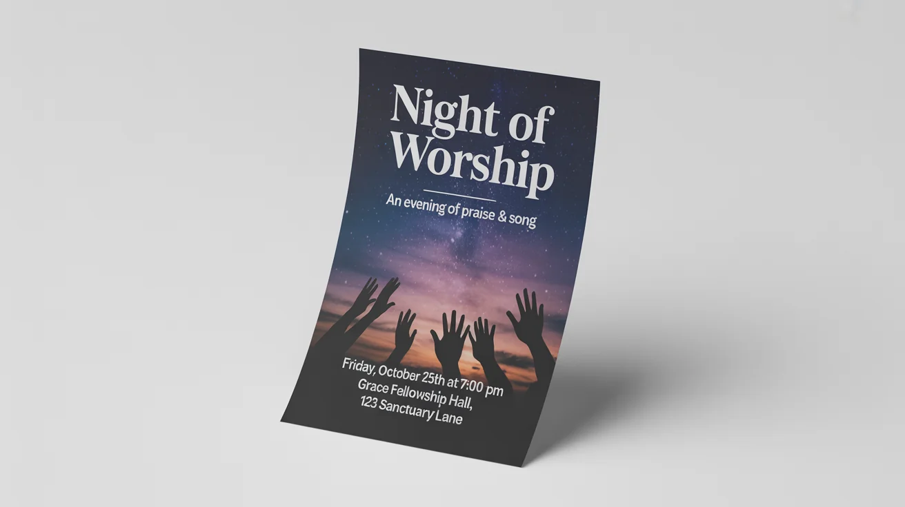 A mockup of a modern worship night flyer for an event titled 'Night of Worship', featuring silhouetted hands raised against a twilight sky. The flyer is displayed on a plain white background.