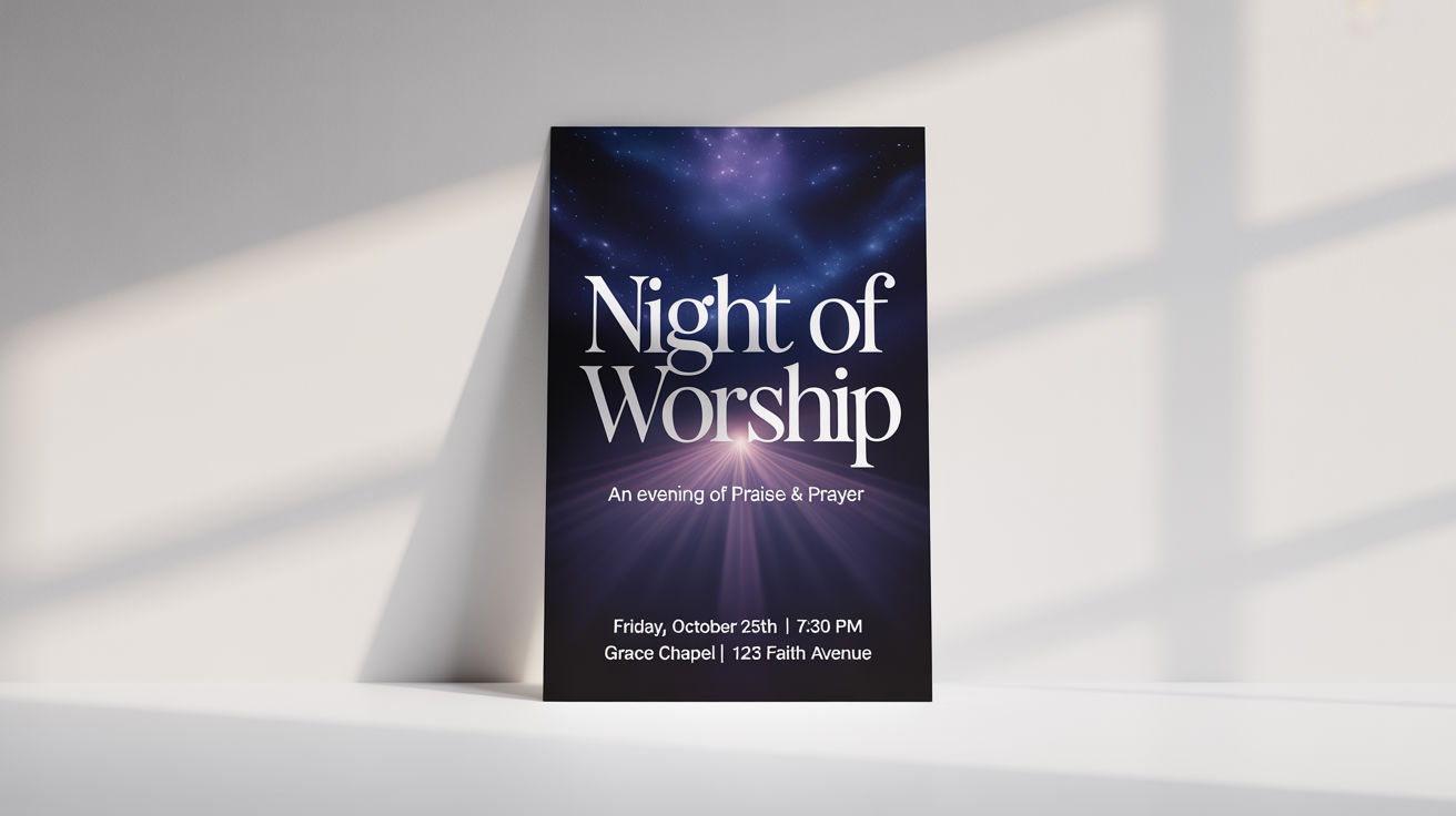 A mockup of a modern flyer for a 'Night of Worship' event, featuring a celestial night sky background and elegant white typography on a white background.