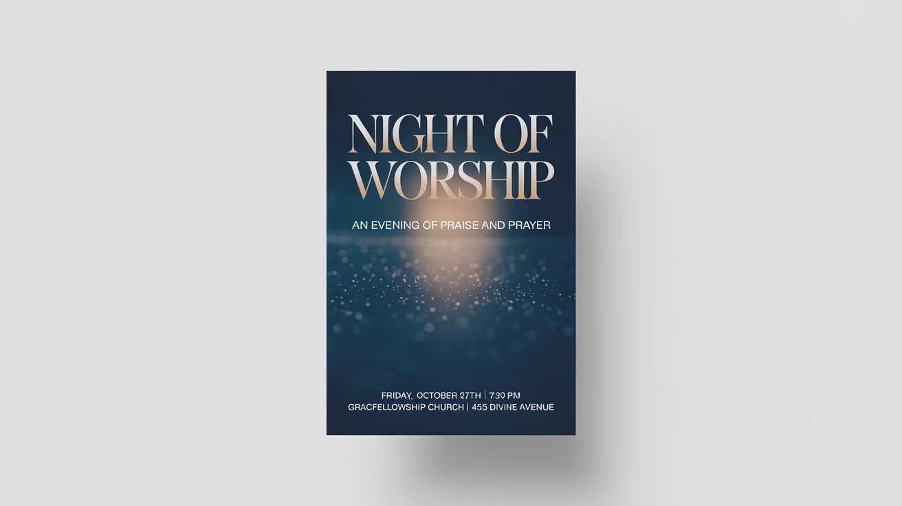 A modern worship night flyer mockup advertising a 'Night of Worship' event, featuring elegant gold and white text on a dark blue background with glowing light effects.