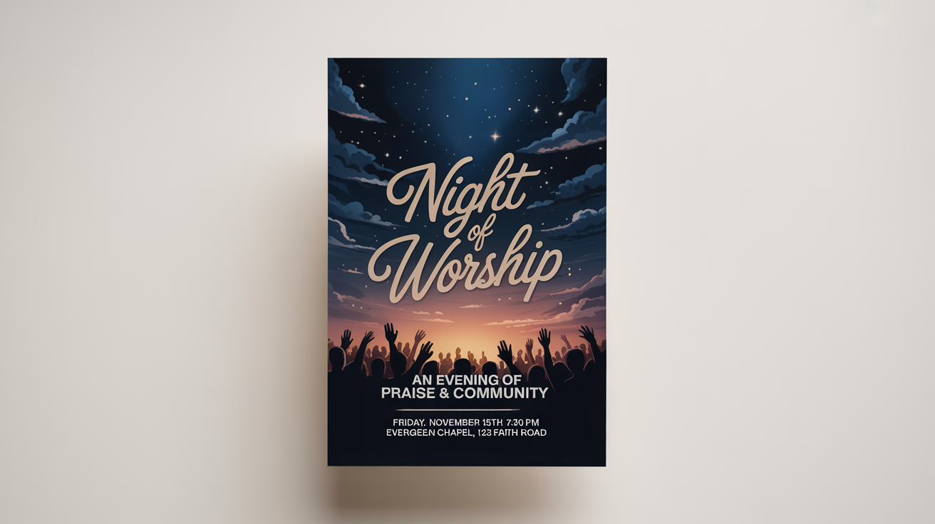 A professional mockup of a 'Night of Worship' flyer on a white background. The flyer has a starry night sky theme with gold and white text detailing the event.