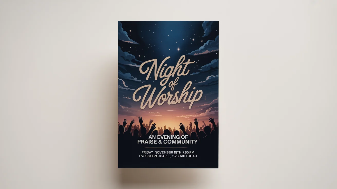 A professional mockup of a 'Night of Worship' flyer on a white background. The flyer has a starry night sky theme with gold and white text detailing the event.