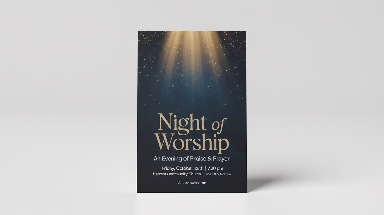 A mockup of a worship night flyer with a dark blue, starry background and golden light rays. The flyer includes fictional event details like 'NIGHT OF WORSHIP' and a date and location.