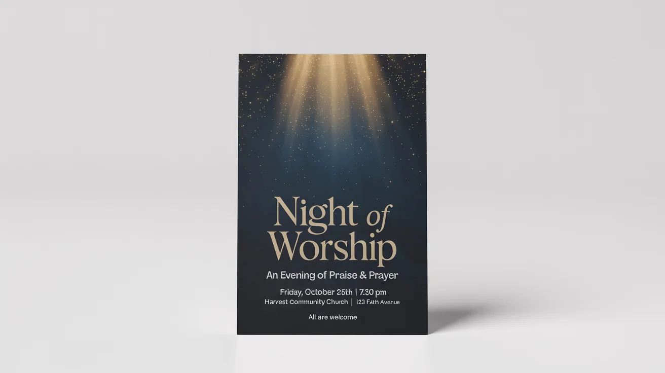 A mockup of a worship night flyer with a dark blue, starry background and golden light rays. The flyer includes fictional event details like 'NIGHT OF WORSHIP' and a date and location.