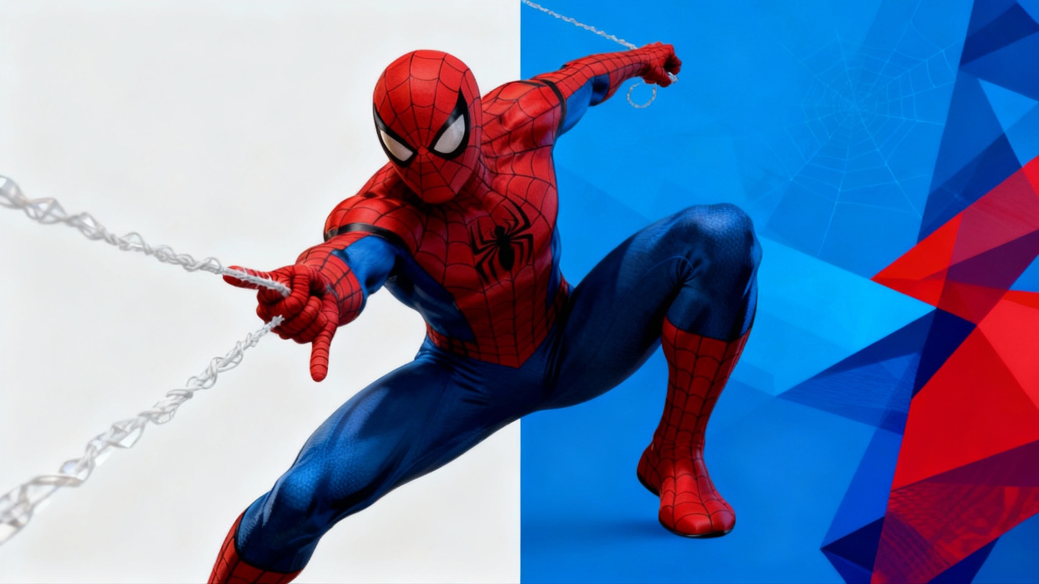 An eye-catching graphic design showing the result of a transparent background tool. A high-resolution image of Spider-Man, perfectly cut out, is placed over a modern background that is half light gray and half a red and blue abstract design.