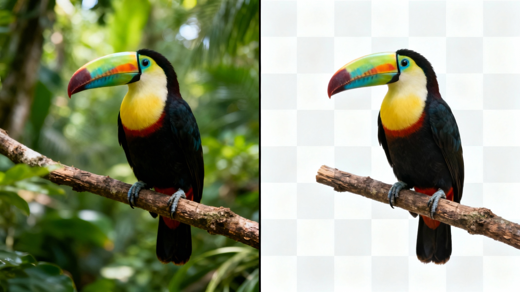 An image split in half showing a colorful toucan on a branch. The left side has a jungle background, and the right side has a transparent checkerboard background, demonstrating the background removal feature.
