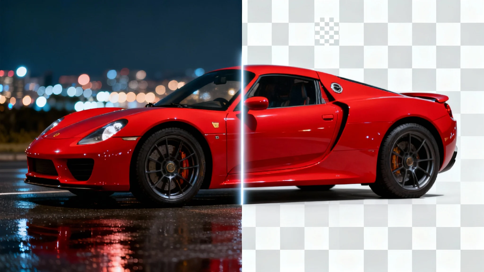 A red sports car split in half, with one side showing its original city background and the other showing a transparent checkerboard background, visually explaining the concept of background removal.