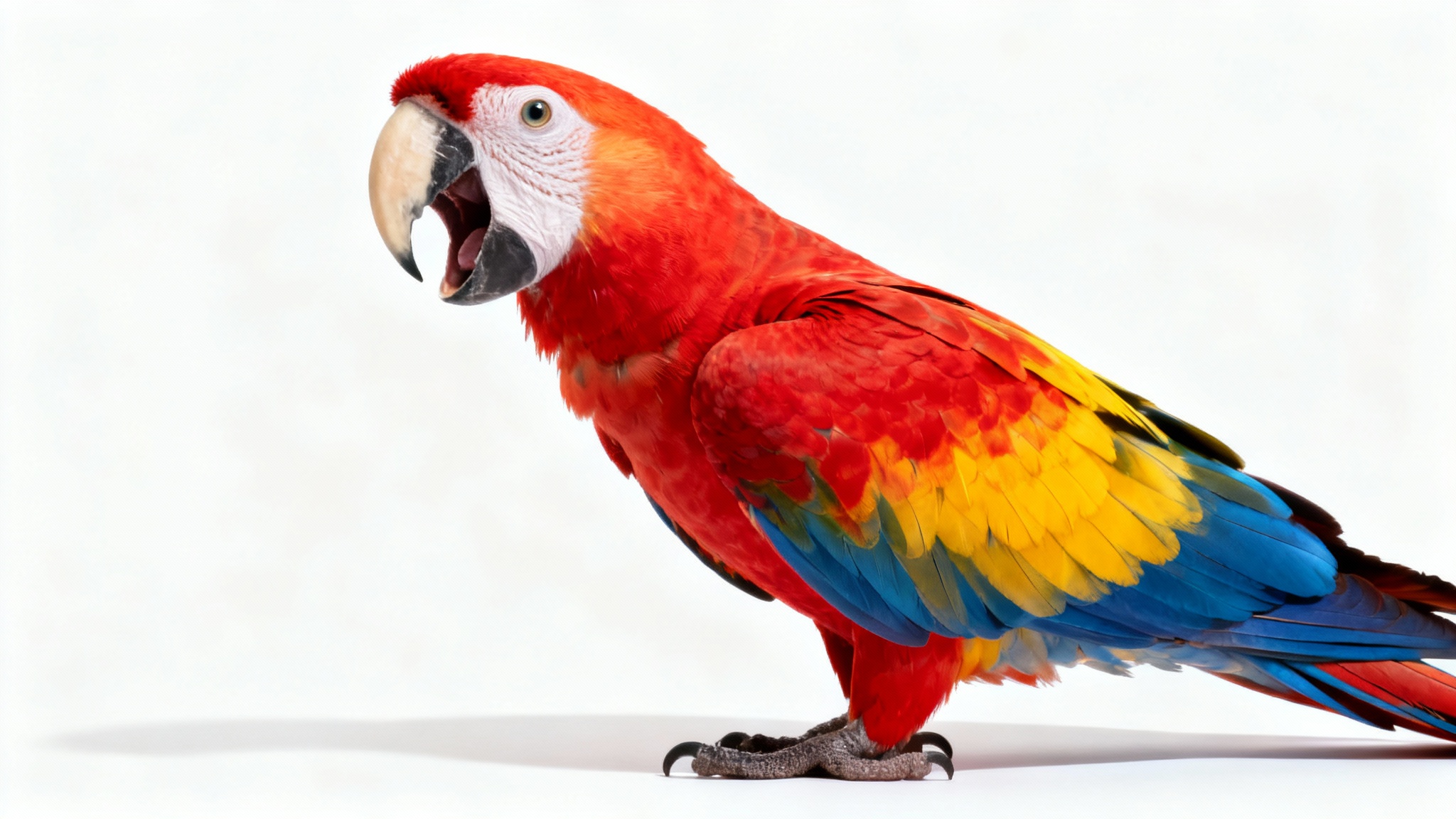 A photorealistic studio shot of a vibrant scarlet macaw parrot with its feathers in high detail, perfectly isolated against a pure white background to showcase the transparent background feature.
