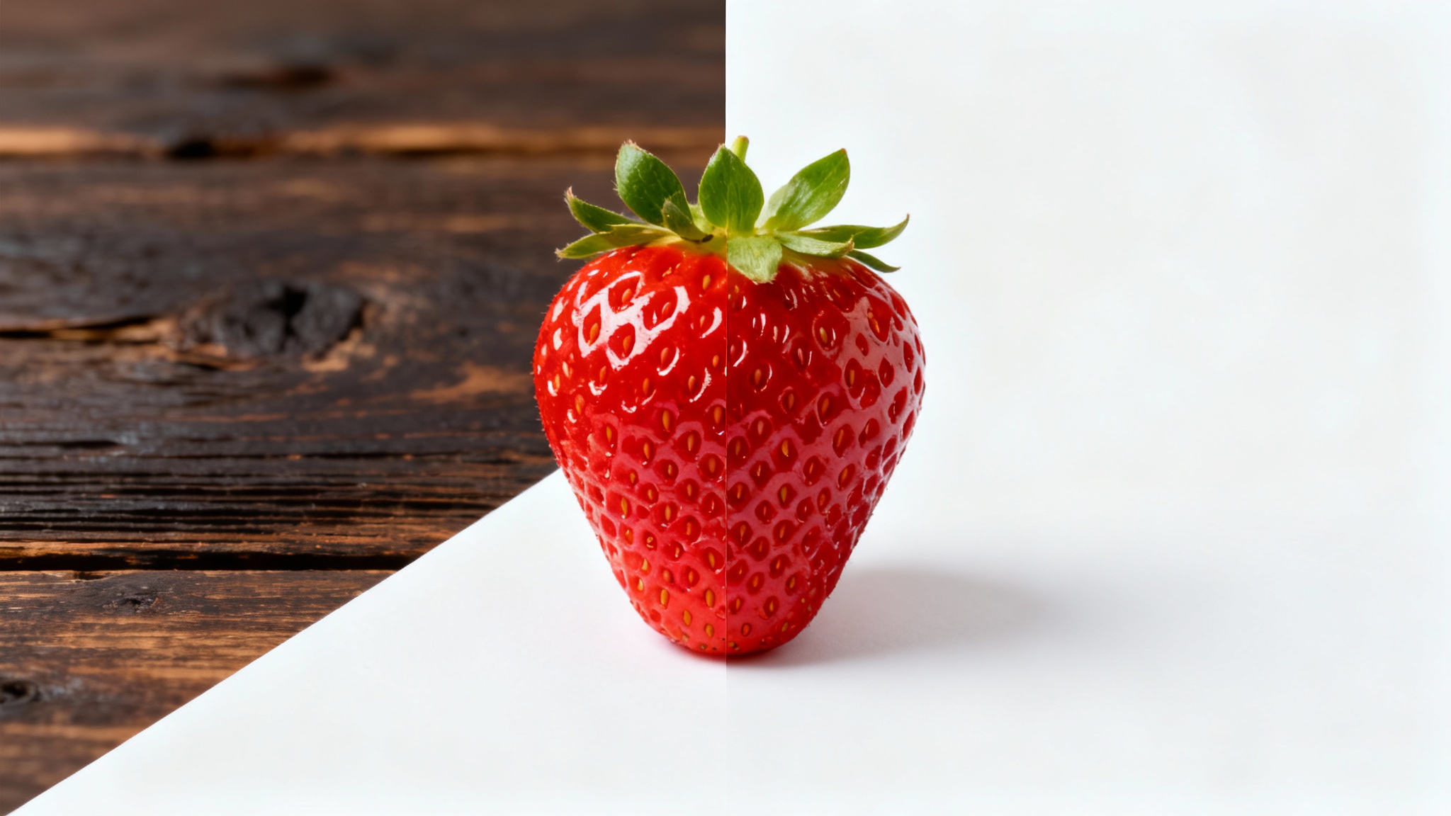 A close-up of a single red strawberry. The image is split diagonally, with the top half showing the strawberry on a dark wood background and the bottom half showing it on a pure white background, illustrating the concept of background removal.