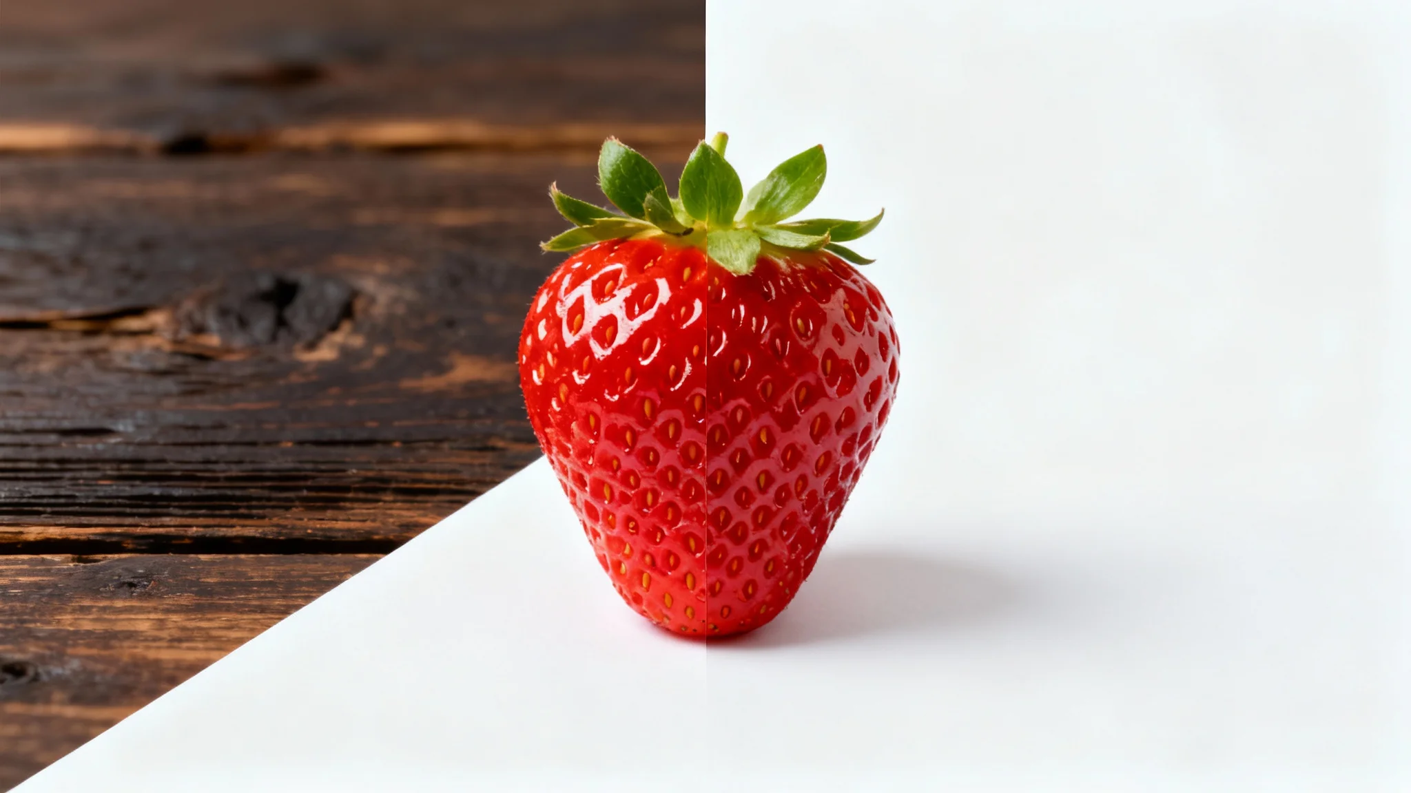 A close-up of a single red strawberry. The image is split diagonally, with the top half showing the strawberry on a dark wood background and the bottom half showing it on a pure white background, illustrating the concept of background removal.