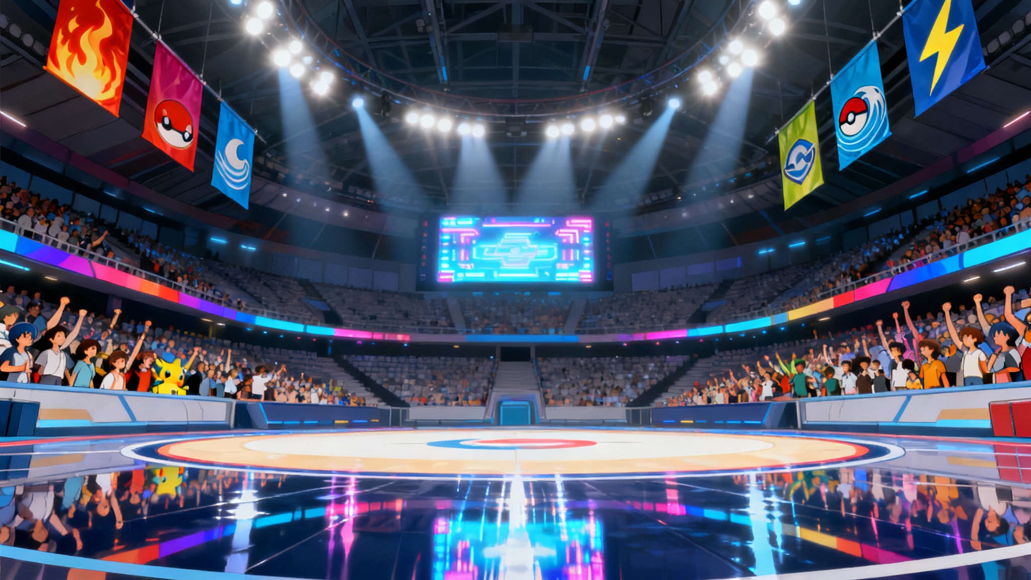 A wide-angle view of an empty Pokémon gym battle arena, lit by bright stadium lights, with colorful banners and stands full of spectators in the background, ready for a competition.