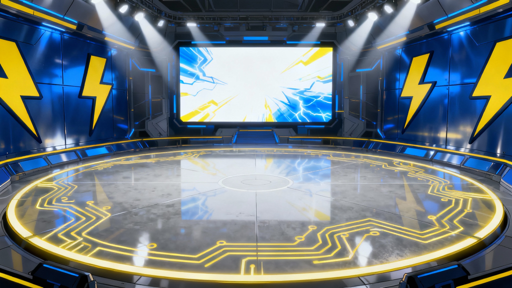 A futuristic electric-type Pokémon battle gym interior with a circular arena and glowing yellow details, set against a plain white background.