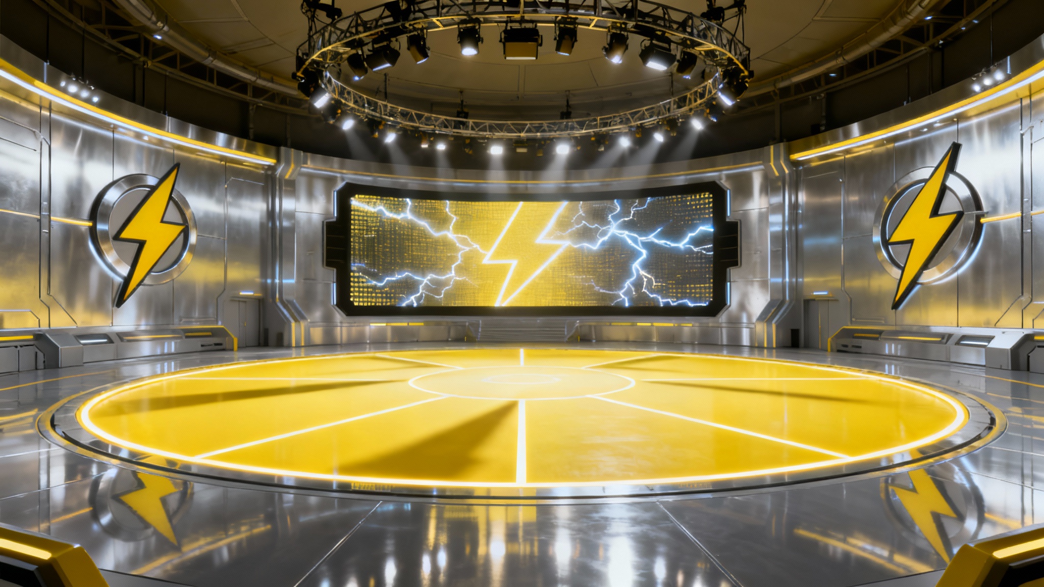 An interior view of a modern and empty Pokémon gym with an electric-type theme, featuring a central battle arena illuminated by bright yellow lights and large screens in the background.