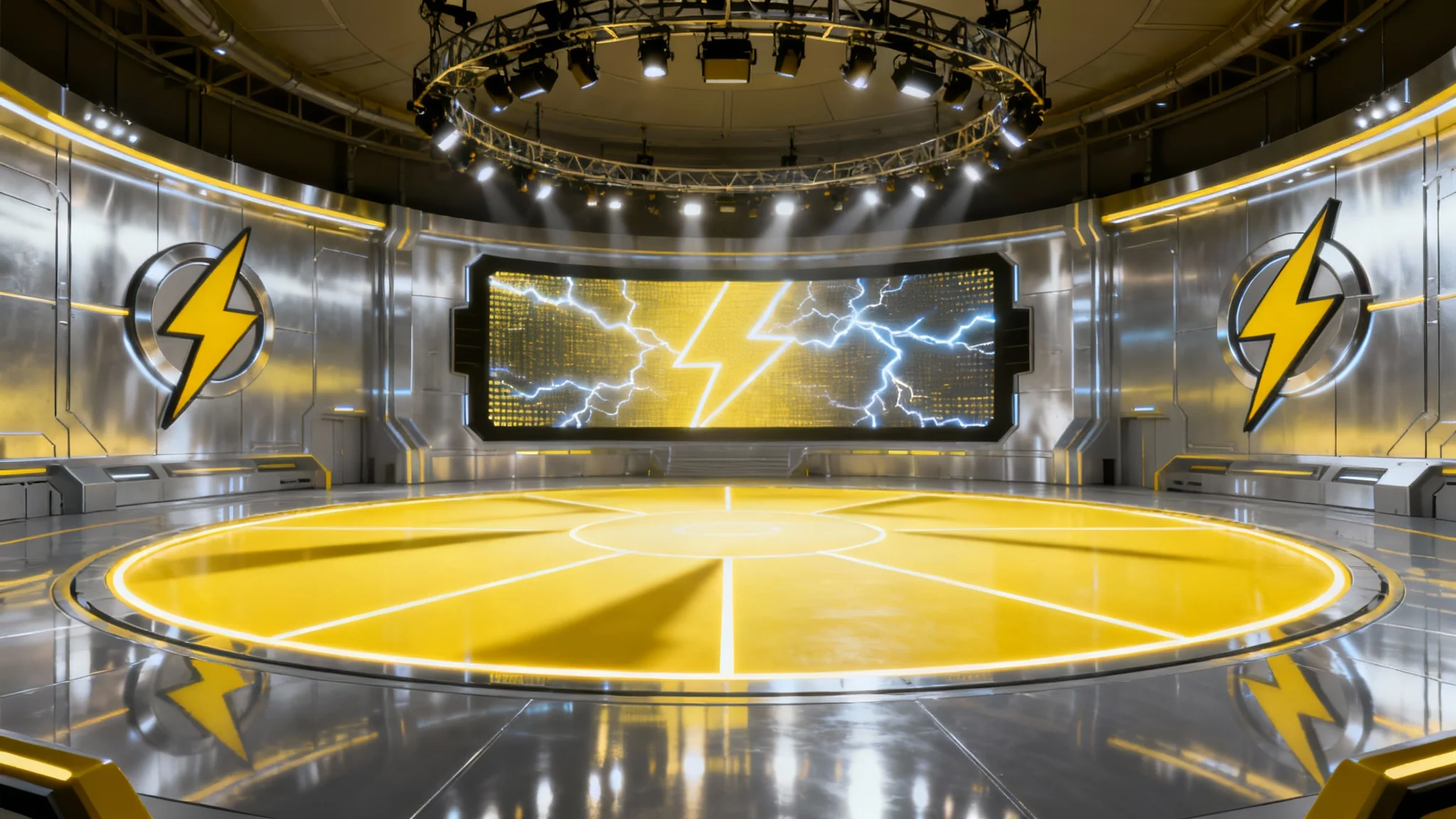 An interior view of a modern and empty Pokémon gym with an electric-type theme, featuring a central battle arena illuminated by bright yellow lights and large screens in the background.
