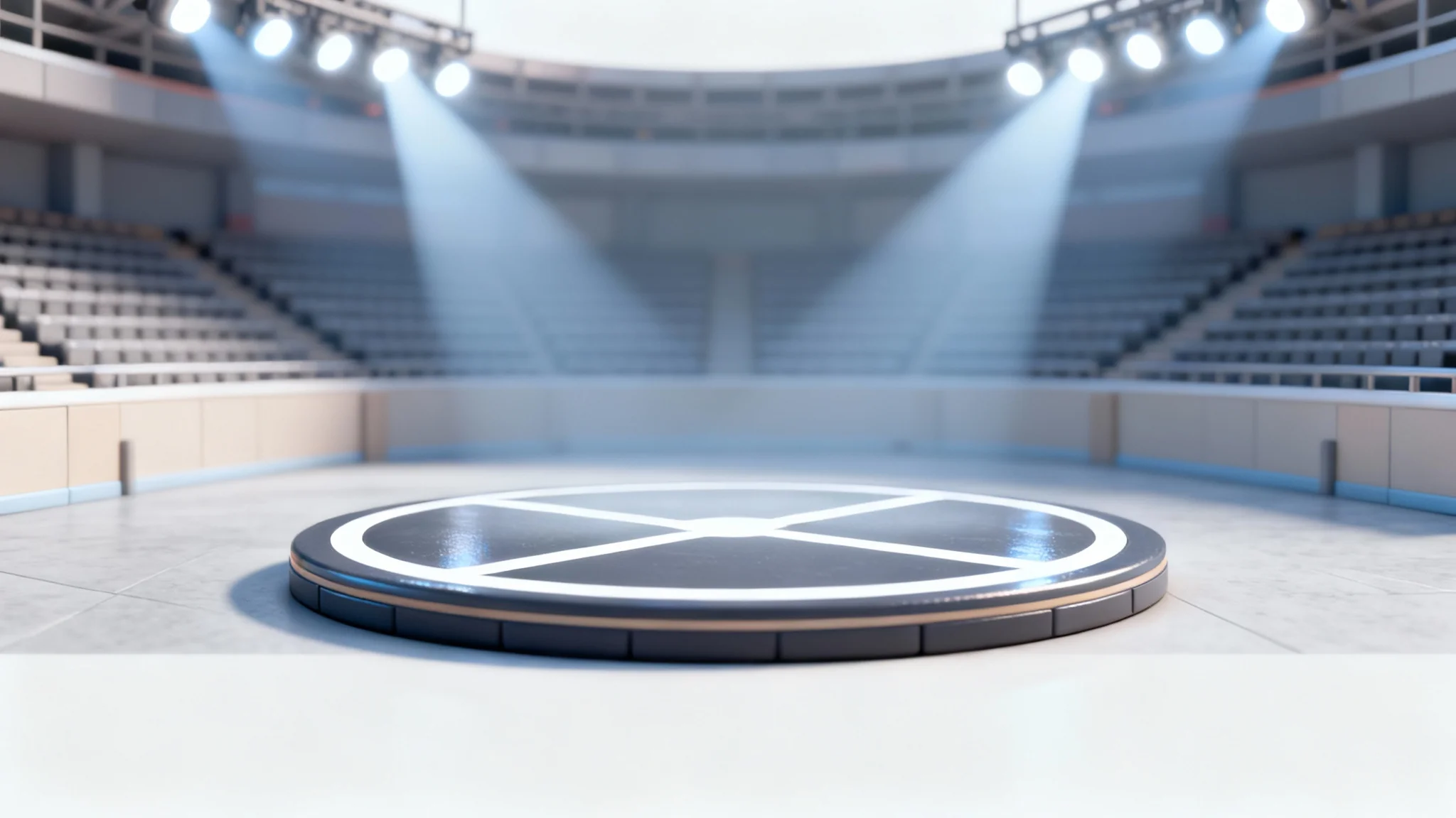 A digital illustration of a Pokémon battle gym arena with a central circular stage, stadium seating, and bright spotlights, presented as a mockup on a plain white background.