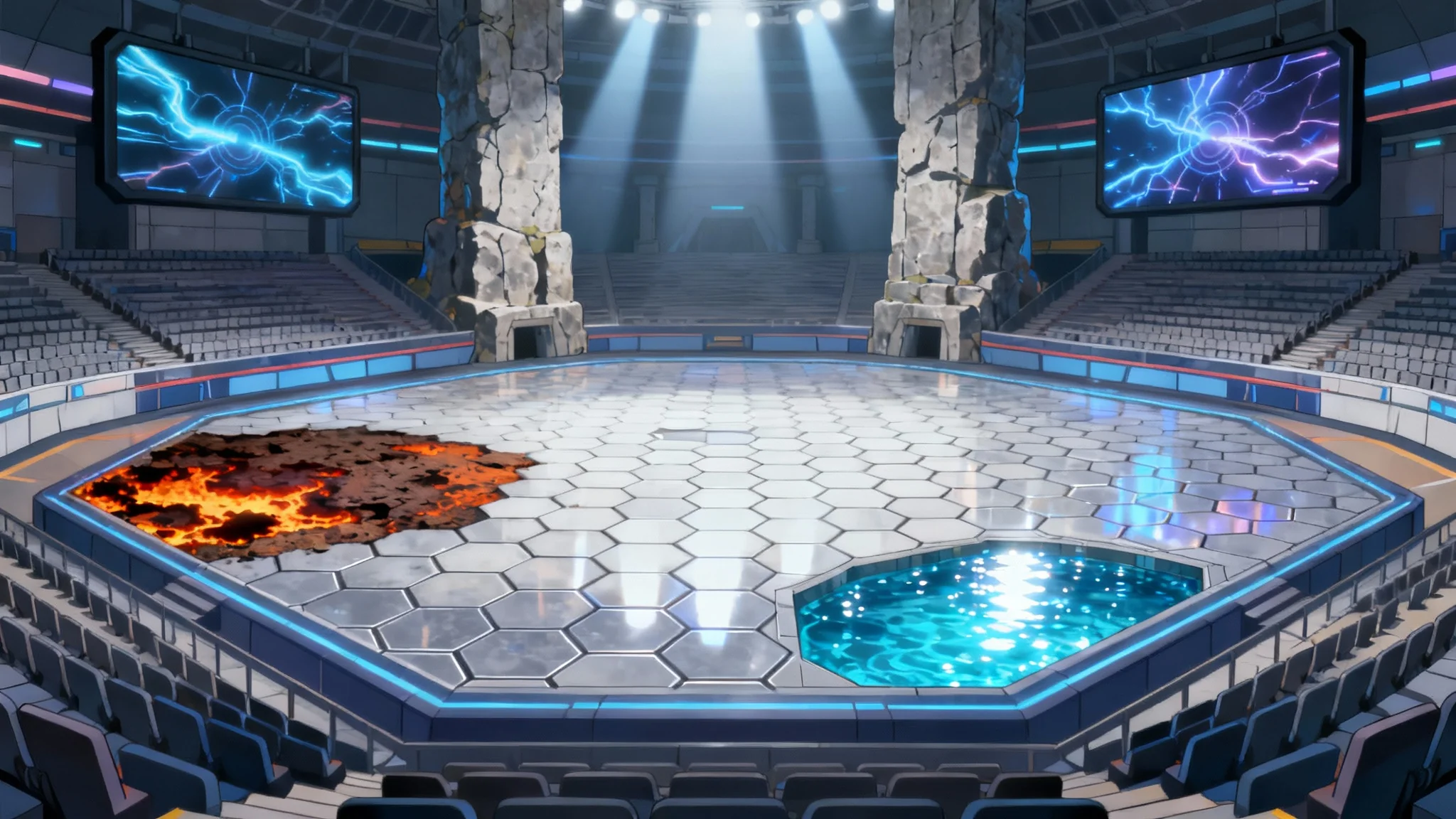 A vibrant digital illustration of an empty Pokémon gym battle arena, featuring a multi-element battlefield with fire and water sections, surrounded by spectator stands and illuminated by dramatic spotlights.