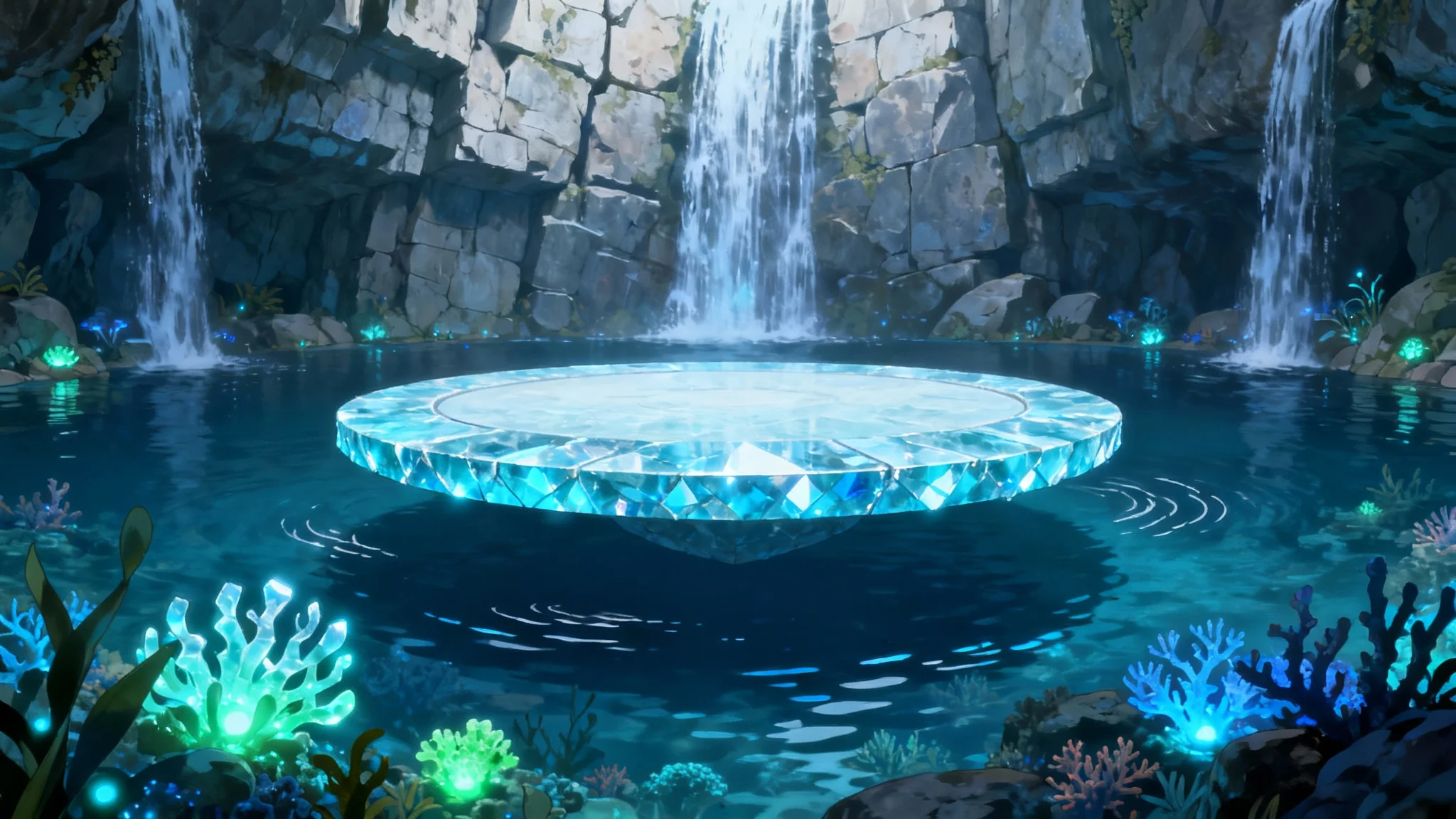 An anime-style digital illustration of a Water-type Pokémon gym background, featuring a glowing crystal platform floating above serene water inside a cavern with waterfalls.