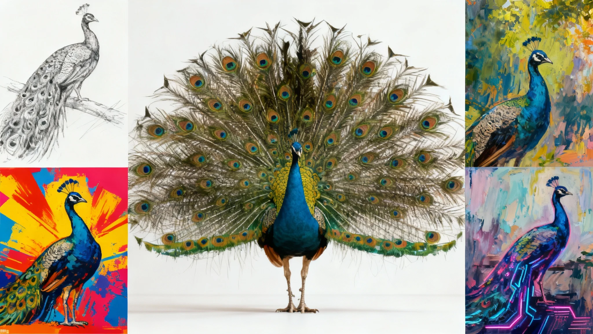 A hero image showcasing AI image variations, with a central photorealistic picture of a peacock surrounded by four different artistic versions: a pencil sketch, a pop-art print, an oil painting, and a cyberpunk style.