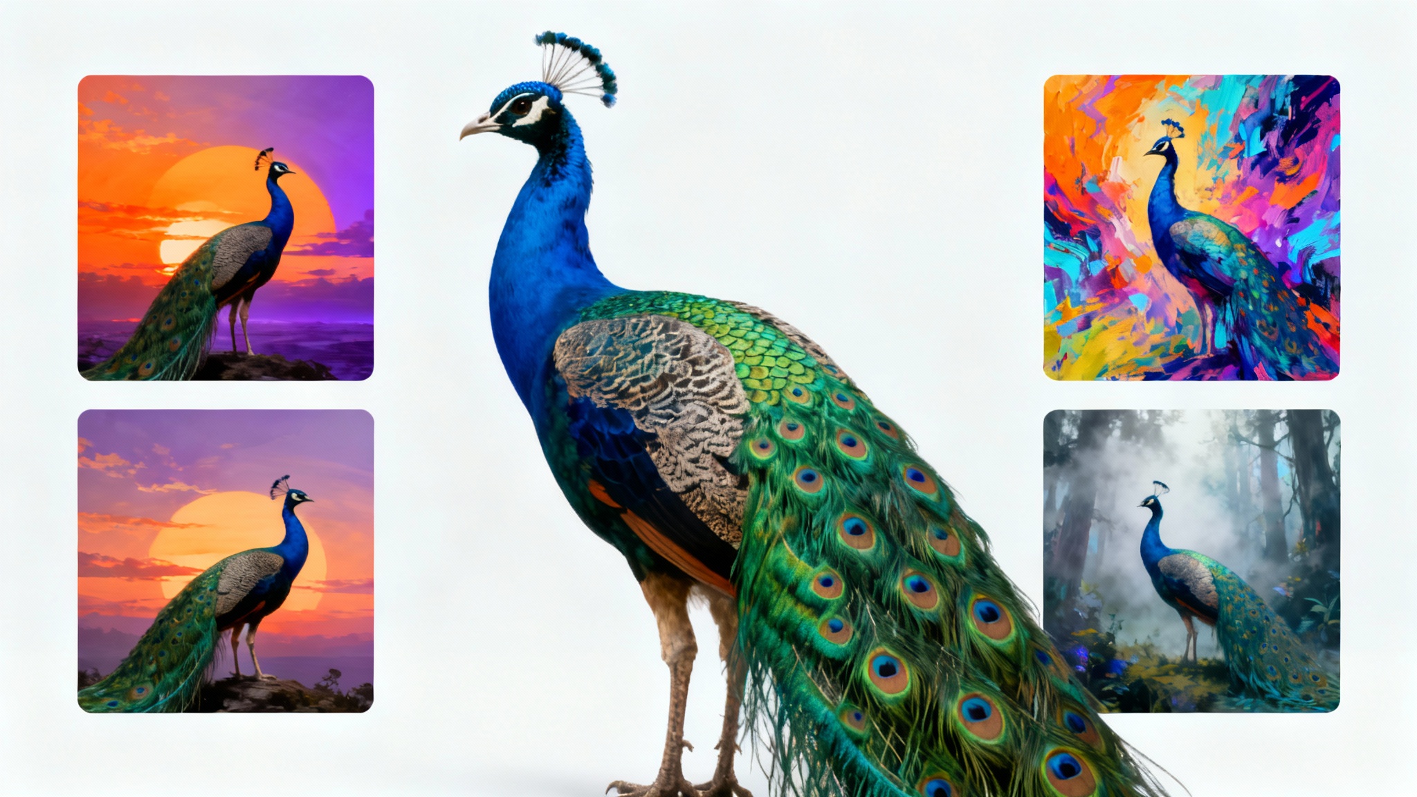 A central image of a peacock is surrounded by four variations of itself, each with a different style, color, or pose, illustrating the concept of image variations on a white background.