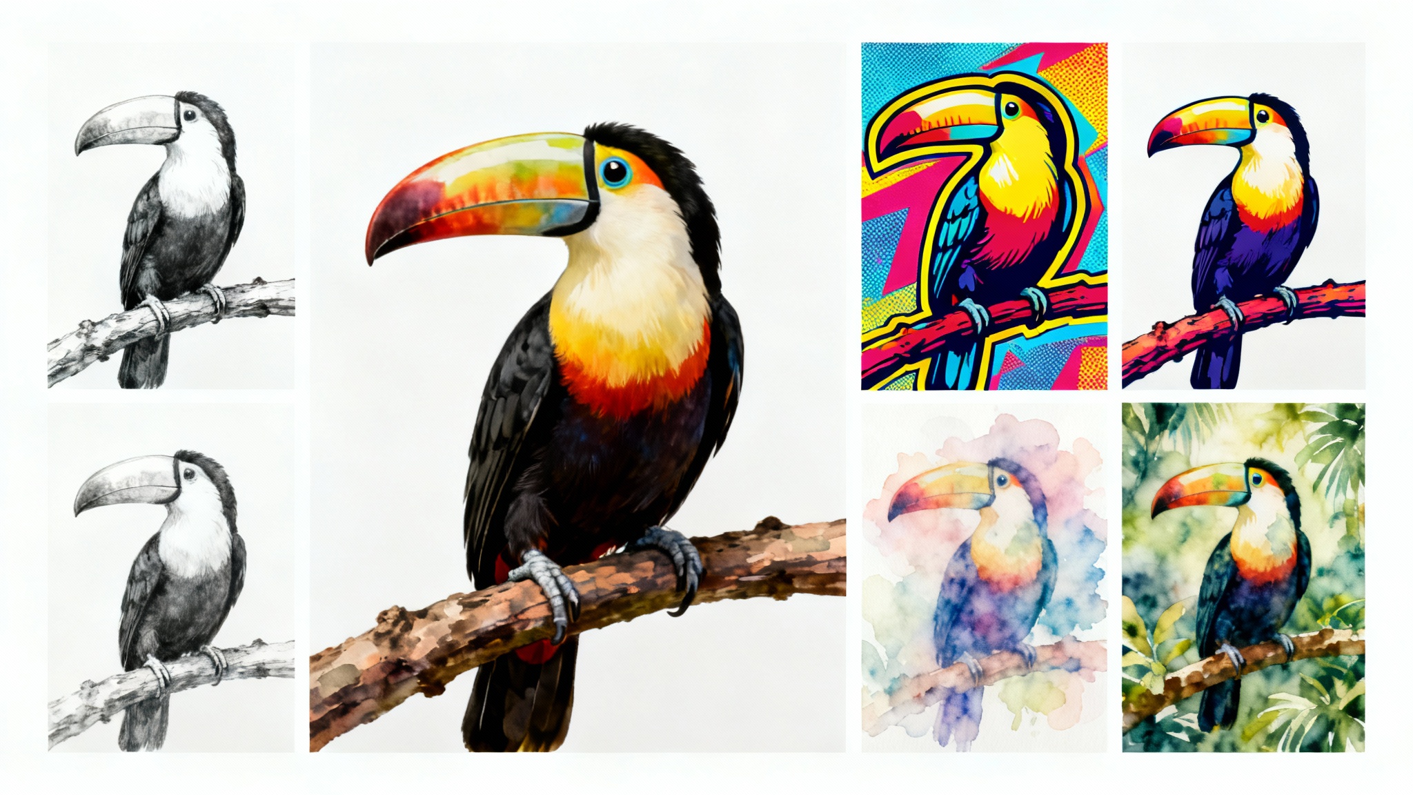 A central image of a colorful toucan, surrounded by four variations of the same image in different artistic styles (black and white, pop-art, watercolor) and with a different background, all on a white background.