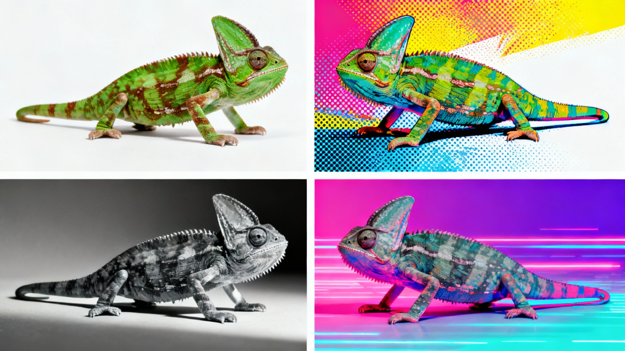 A four-panel grid demonstrating image variations. Each panel shows the same chameleon, but in different styles: realistic, pop art, black and white, and neon vaporwave, all on a white background.