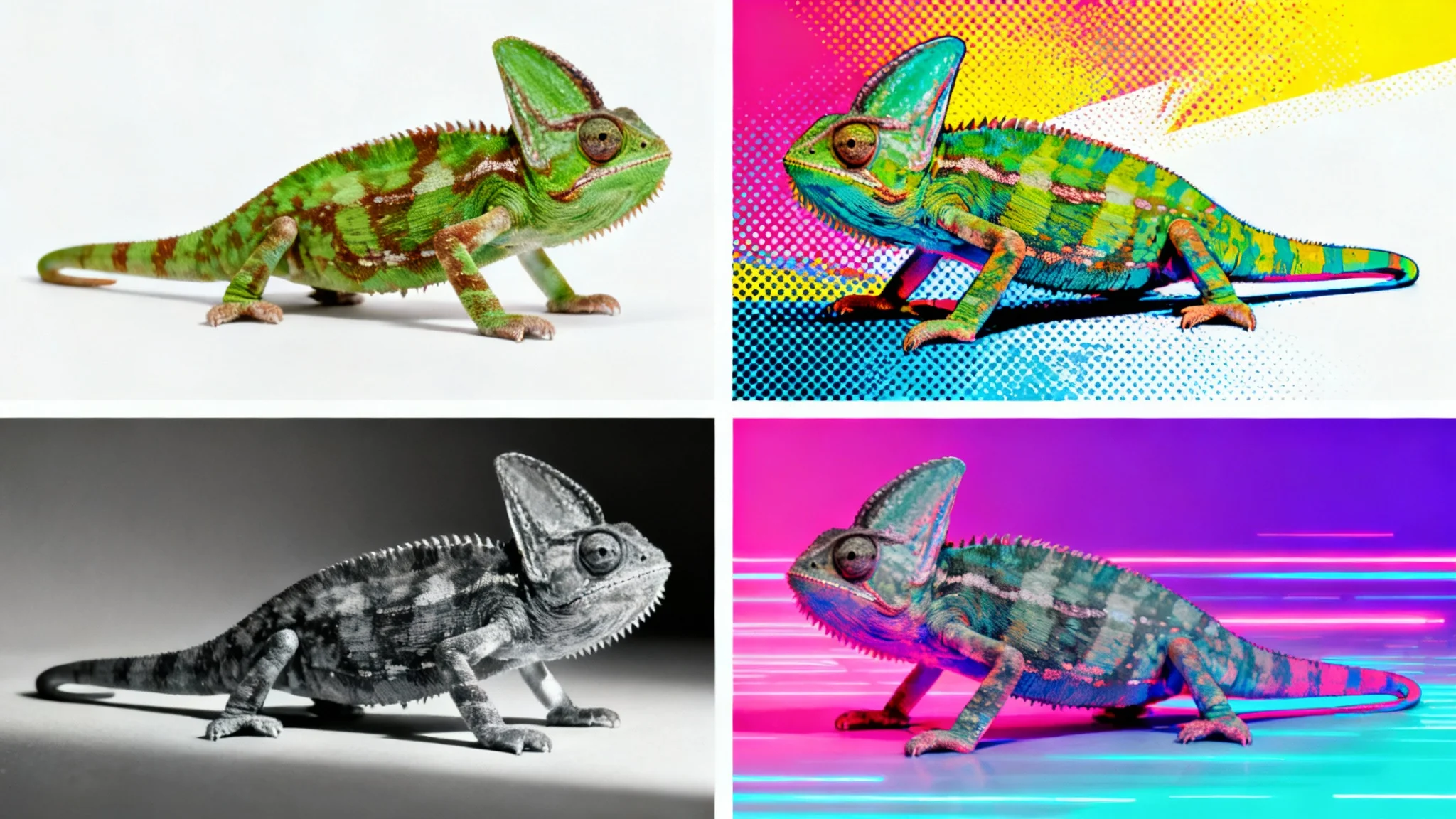 A four-panel grid demonstrating image variations. Each panel shows the same chameleon, but in different styles: realistic, pop art, black and white, and neon vaporwave, all on a white background.