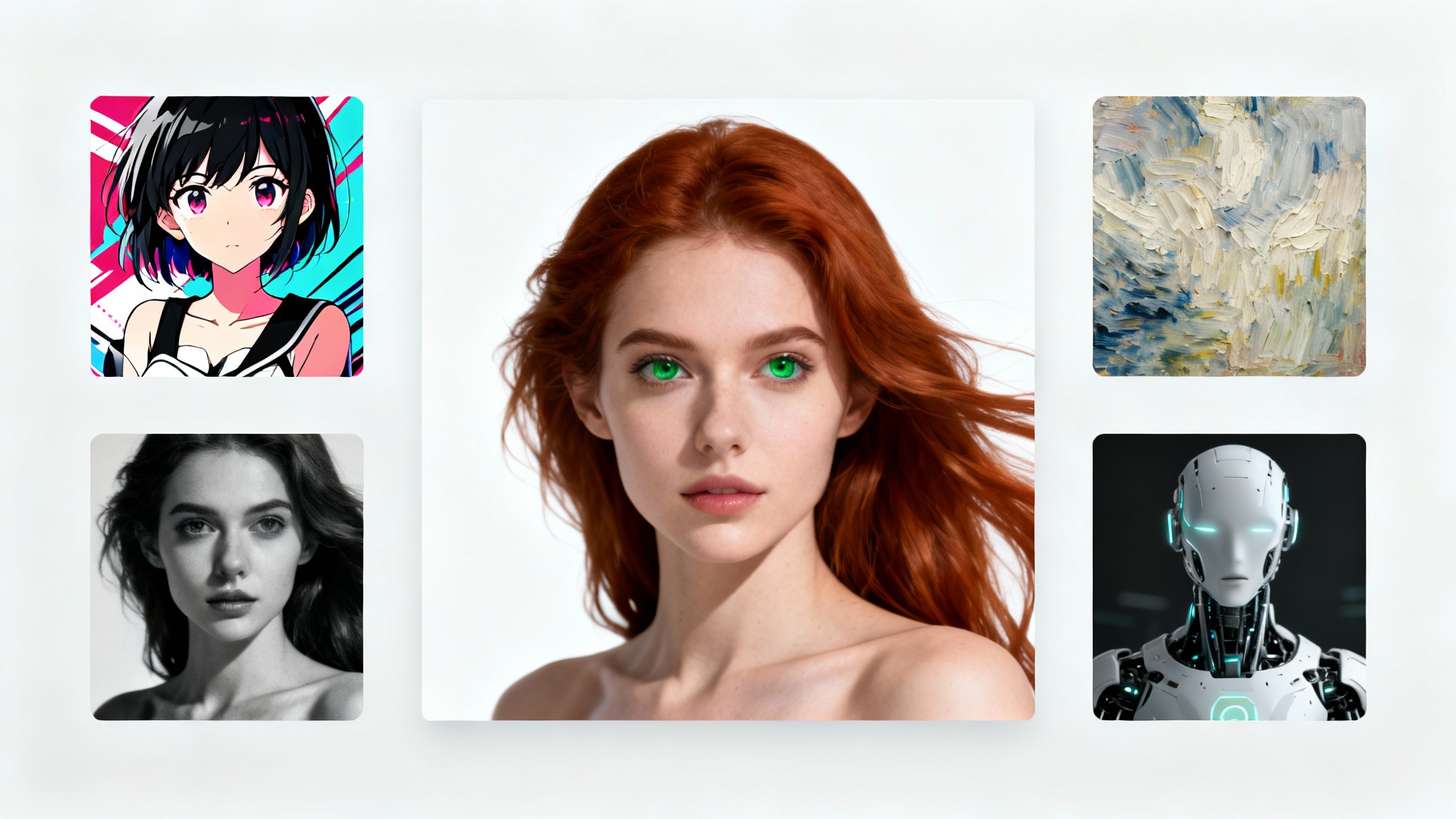 A central photo of a woman is surrounded by four variations of the same image, each in a different artistic style: anime, black and white, oil painting, and futuristic cyborg, demonstrating the concept of image variations.