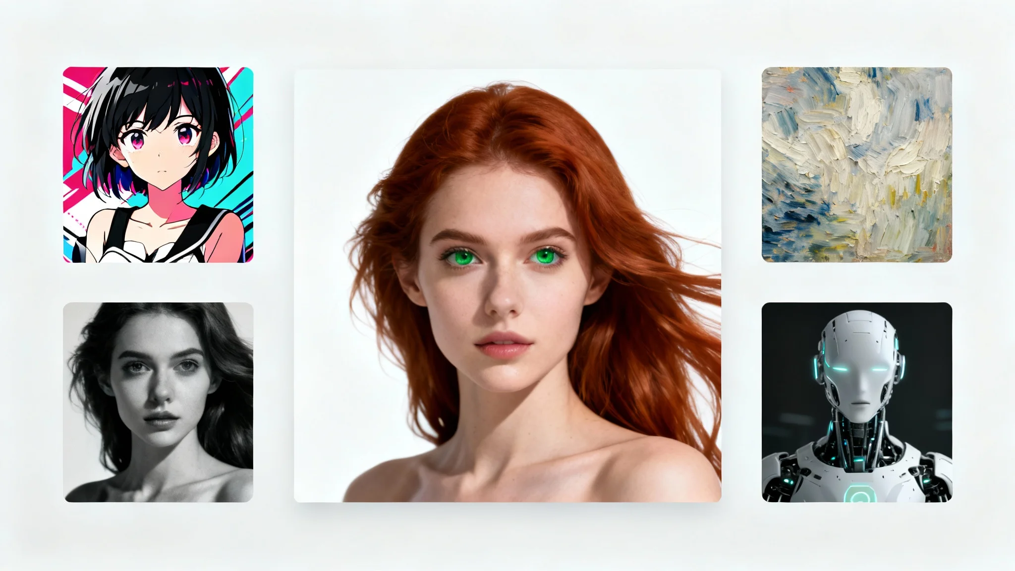 A central photo of a woman is surrounded by four variations of the same image, each in a different artistic style: anime, black and white, oil painting, and futuristic cyborg, demonstrating the concept of image variations.