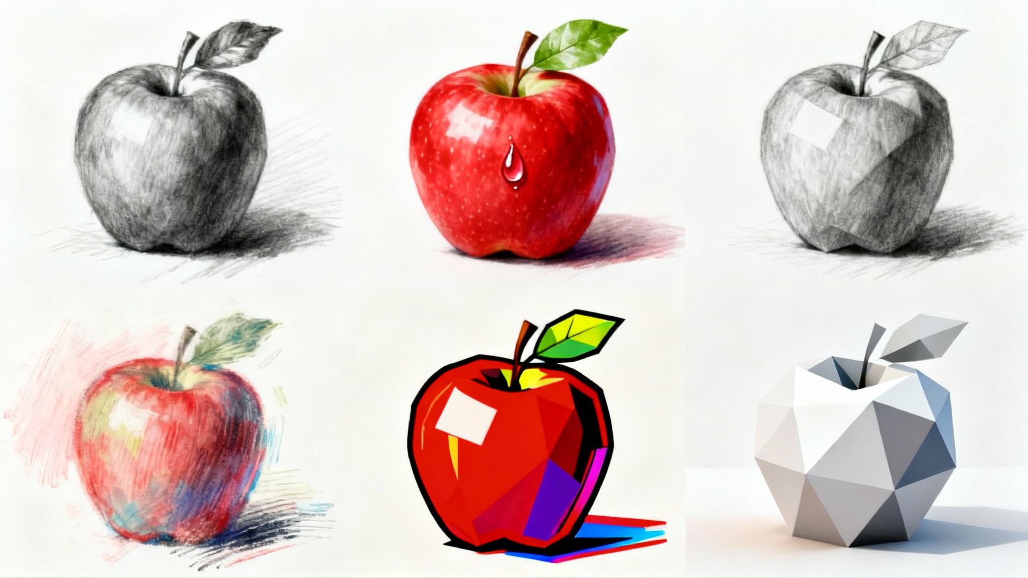 A central photorealistic red apple is surrounded by four different artistic variations of itself a charcoal sketch, a pop-art version, an impressionist painting, and a low-poly render all on a clean white background.