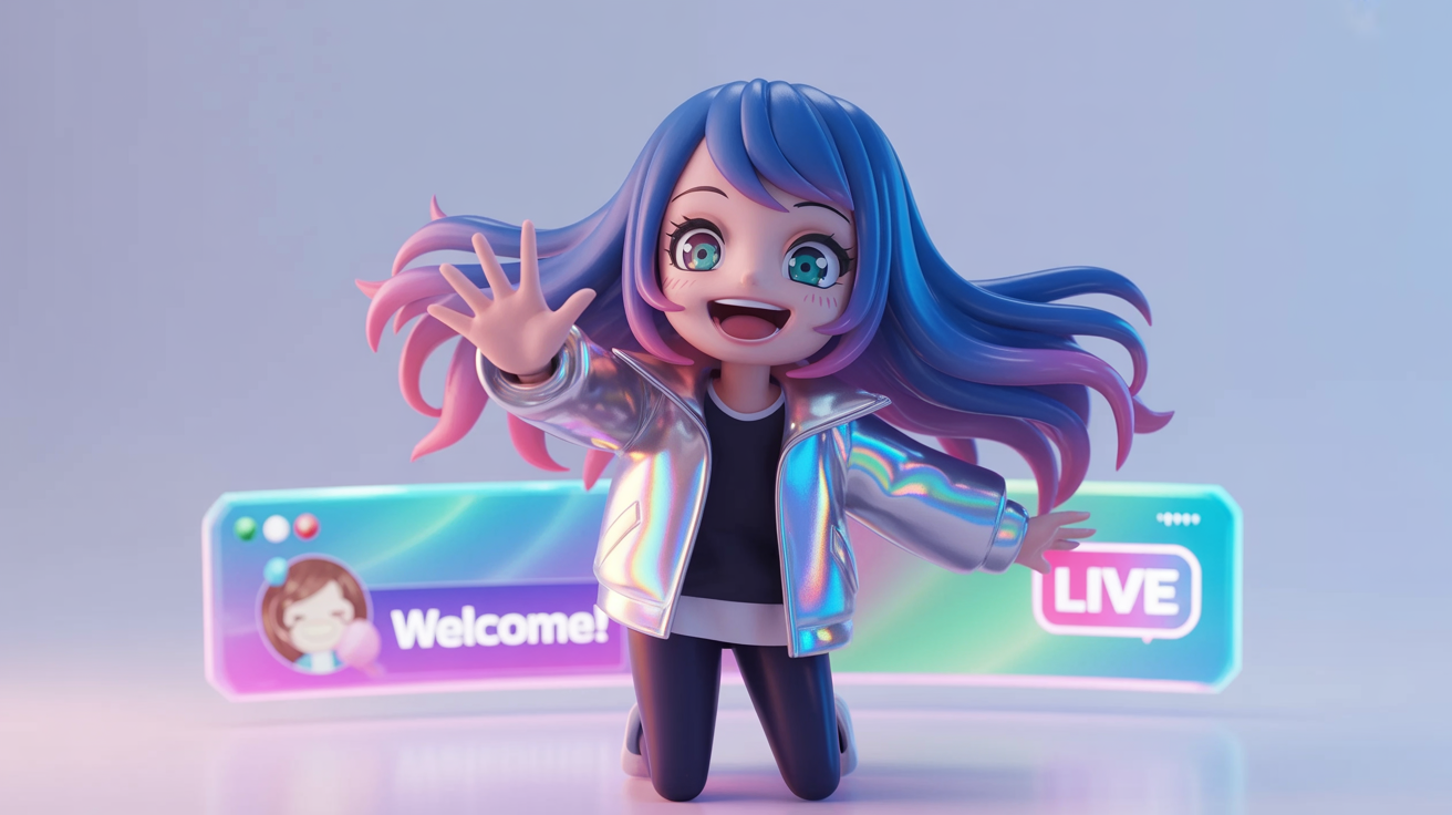 An animated anime girl vtuber with blue and pink hair, shown laughing and waving during a live stream with overlay graphics, demonstrating the final result of vtuber model rigging.
