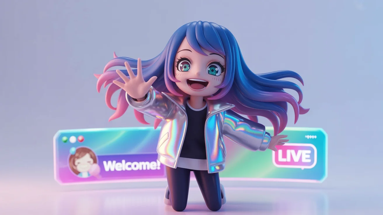 An animated anime girl vtuber with blue and pink hair, shown laughing and waving during a live stream with overlay graphics, demonstrating the final result of vtuber model rigging.