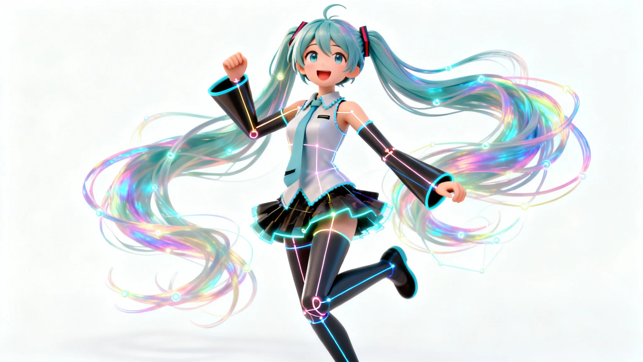 A brightly lit 3D render of an anime-style female VTuber model in a dynamic pose against a white background. Glowing digital lines are overlaid on her body, representing the character's rigging for movement and expression.