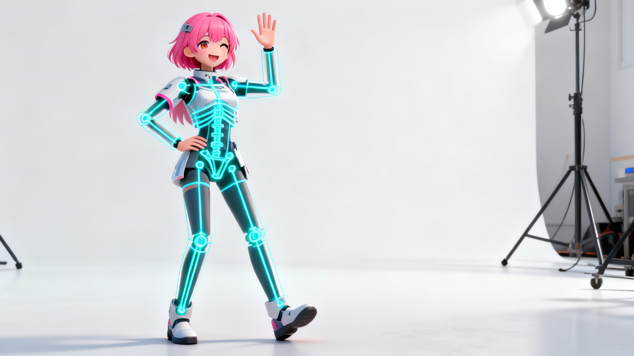 An anime-style VTuber character with pink hair is shown against a white background. A glowing blue digital skeleton is overlaid on her body, demonstrating the technical process of VTuber model rigging.