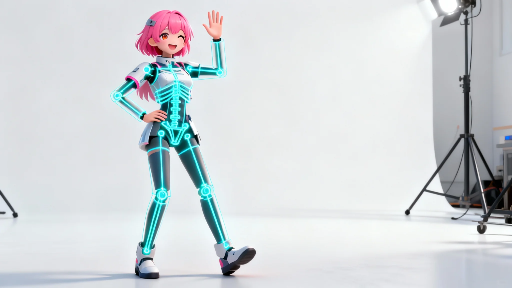 An anime-style VTuber character with pink hair is shown against a white background. A glowing blue digital skeleton is overlaid on her body, demonstrating the technical process of VTuber model rigging.