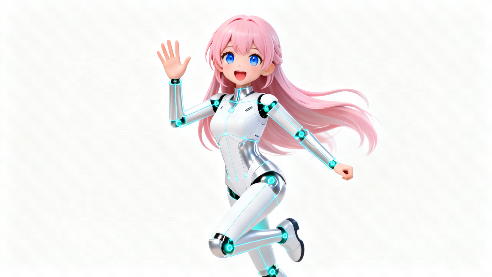 An anime-style VTuber character with pink hair and a futuristic white outfit, shown in a dynamic pose against a white background. A faint blue digital skeleton is overlaid on her body to illustrate the model's rigging.