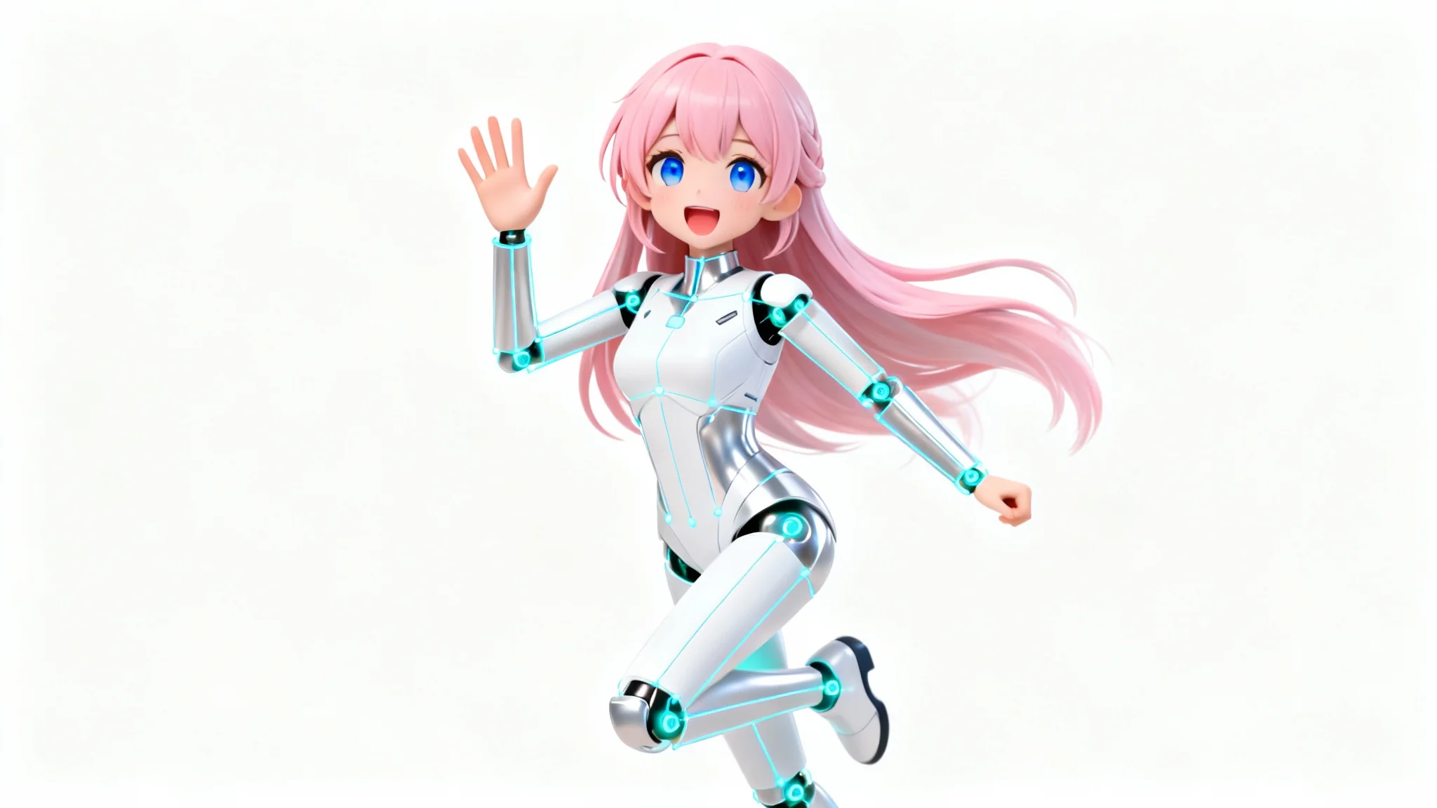 An anime-style VTuber character with pink hair and a futuristic white outfit, shown in a dynamic pose against a white background. A faint blue digital skeleton is overlaid on her body to illustrate the model's rigging.
