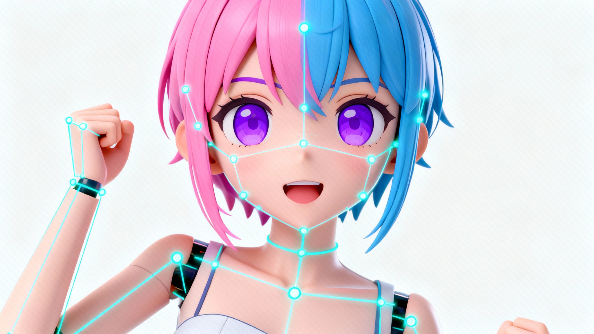 An anime-style VTuber character model with pink and blue hair is shown with a glowing blue digital skeleton overlaid on her body, representing the animation rigging process, against a plain white background.