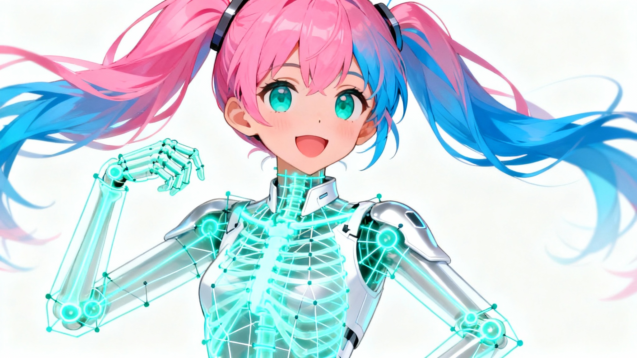 An anime-style VTuber character with pink and blue hair, showcasing the glowing blue digital skeleton and control points used for model rigging, against a plain white background.