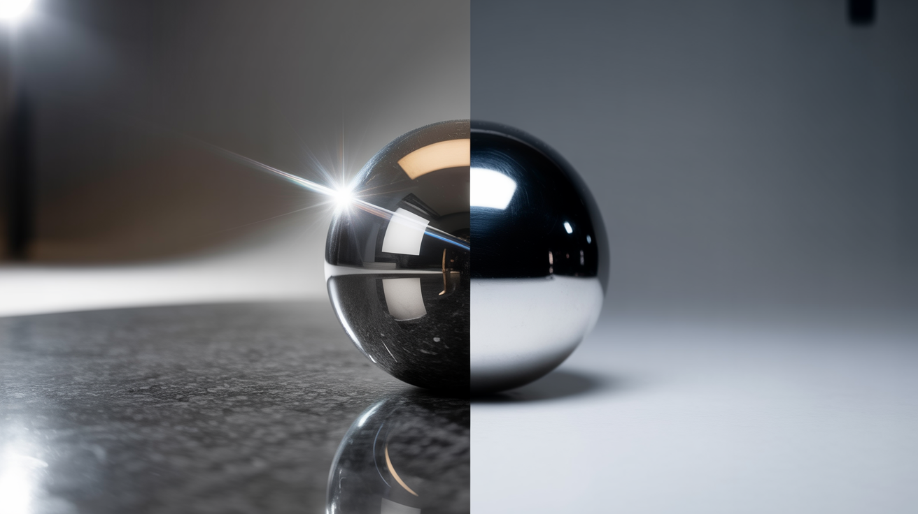 A before-and-after comparison image showing specular highlight removal. The 'before' side shows a metallic sphere with a bright glare. The 'after' side shows the same sphere with the glare removed, revealing a smooth, even surface.