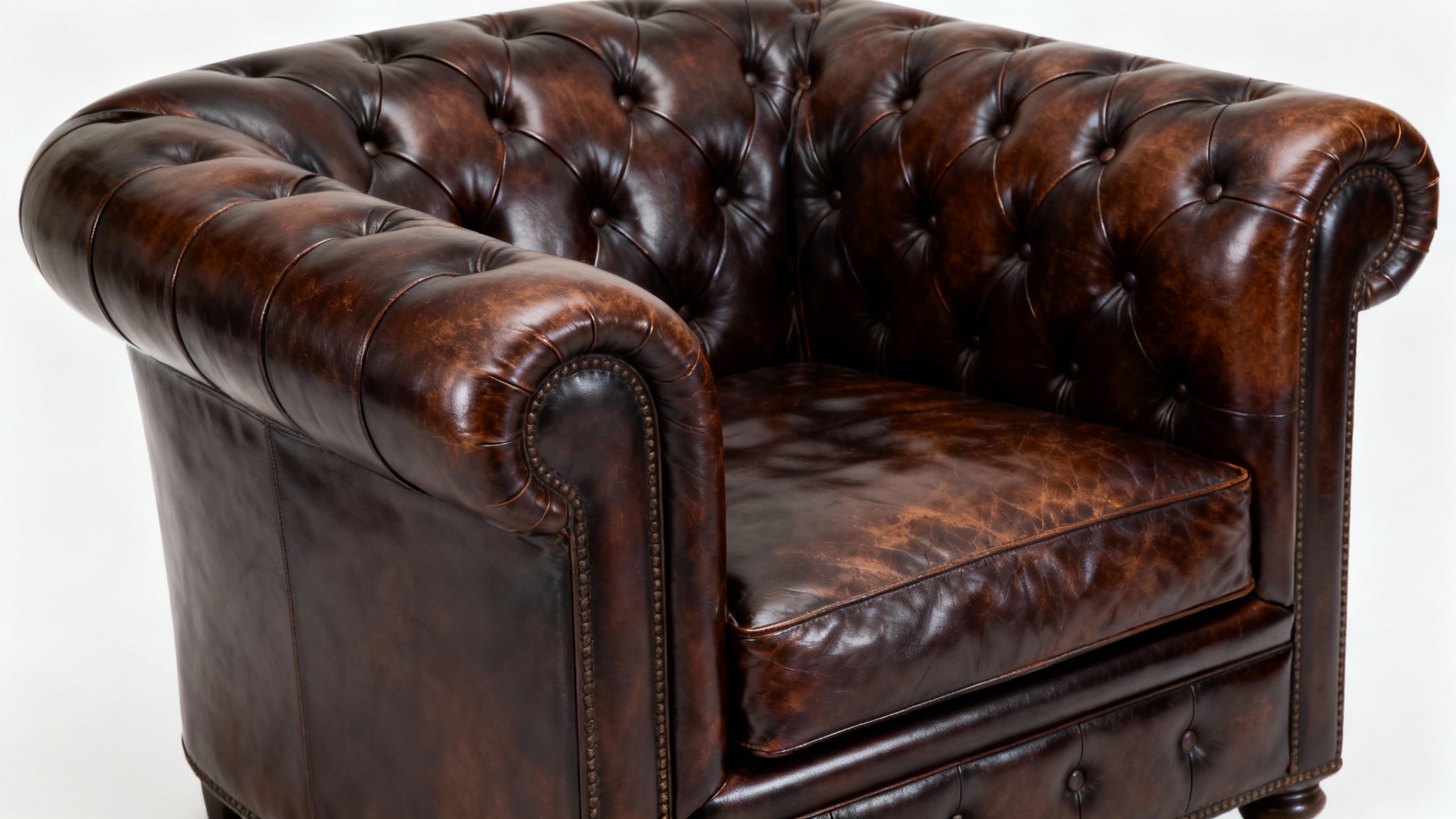 A professional photograph of a dark brown leather armchair, lit with soft, diffused light that removes all harsh glare and specular highlights, revealing the rich texture of the leather.